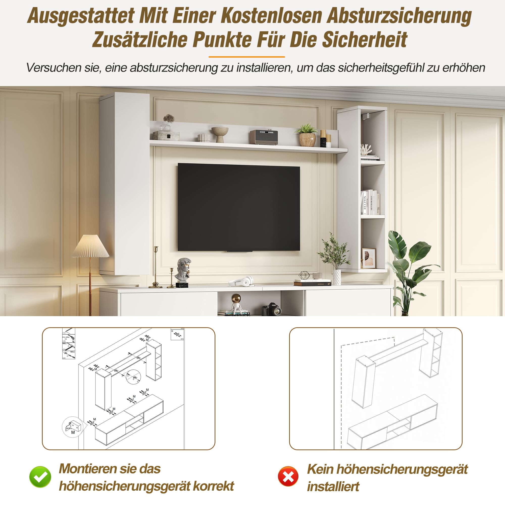 Merax Wohnwand Wohnzimmer 4-Teilig Set, Wohnzimmer Möbel Set, TV Lowboard, Wandregal, 2 Wandschrank, Vitrine Hängend oder Stehend, Wohnzimmermöbel Komplett, Elegante Schrankwand, Mediawand, Weiß