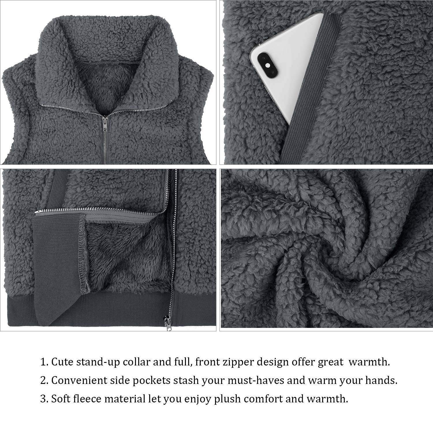 IECCP Teddy, gilet da donna in pile, caldo, senza maniche, per autunno e inverno, casual, leggero, con colletto alto