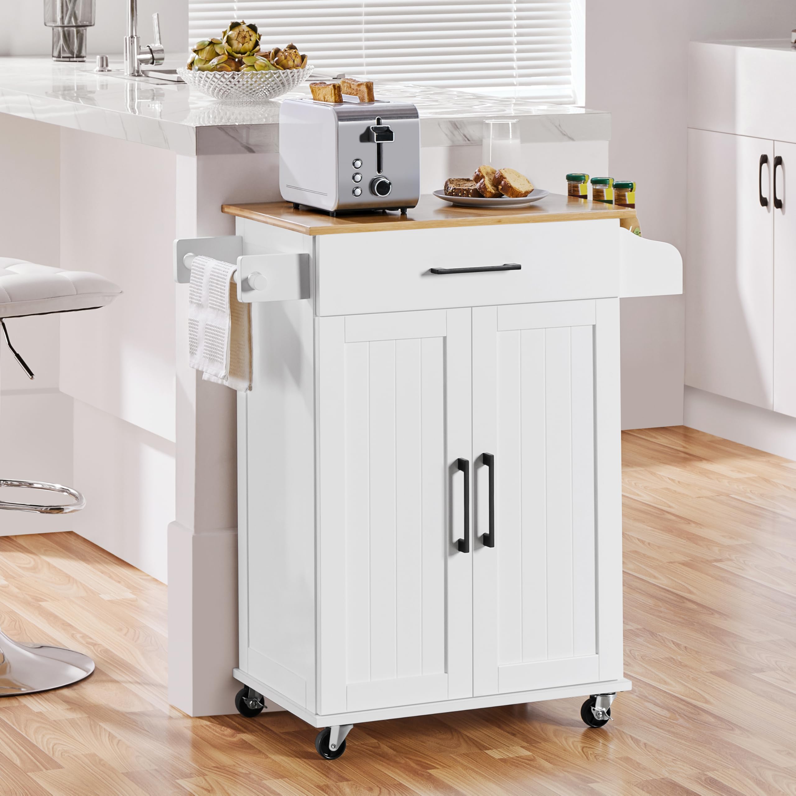 Yaheetech Bewegliche Kücheninseln Küchenwagen auf Rollen, Servierwagen mit Schublade und 3 Schrank, Arbeitsplatte aus Holz, Rollwagen 60 × 40 × 88,5 cm, Küchentrolley im Landhausstil, Weiß