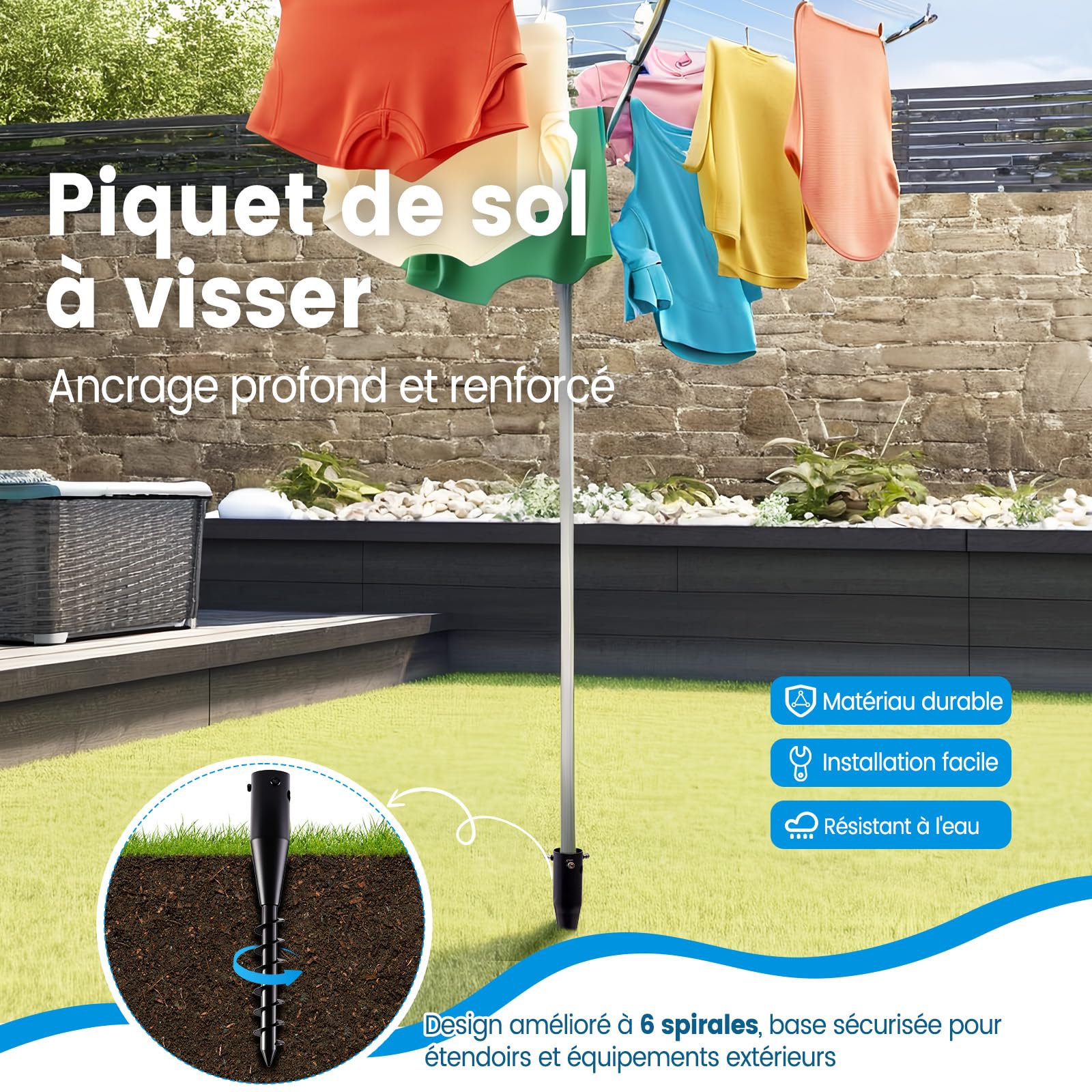 Robuste Pied Parasol et Ancrage Sechoir Parapluie, Piquet de Terre à Spirale 6 Tours pour Parasol de Plage, Jardin et Terrasse, Léger avec Boutons Réglables (2,5–5 Cm), Support Parasol Anti-vent