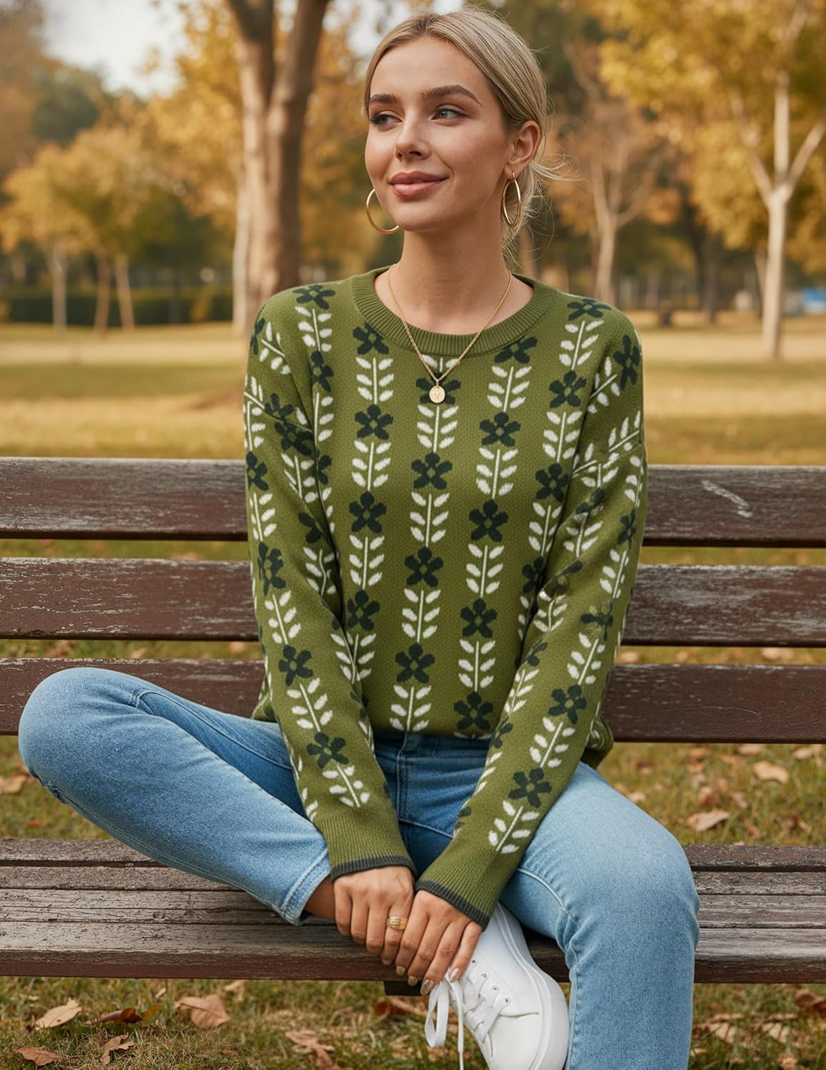 Womens 2026 Trendy Green Knit Floral Sweaters Printed Crewneck Cute Loose Pullover Sweater for Spring Winter - Image 3