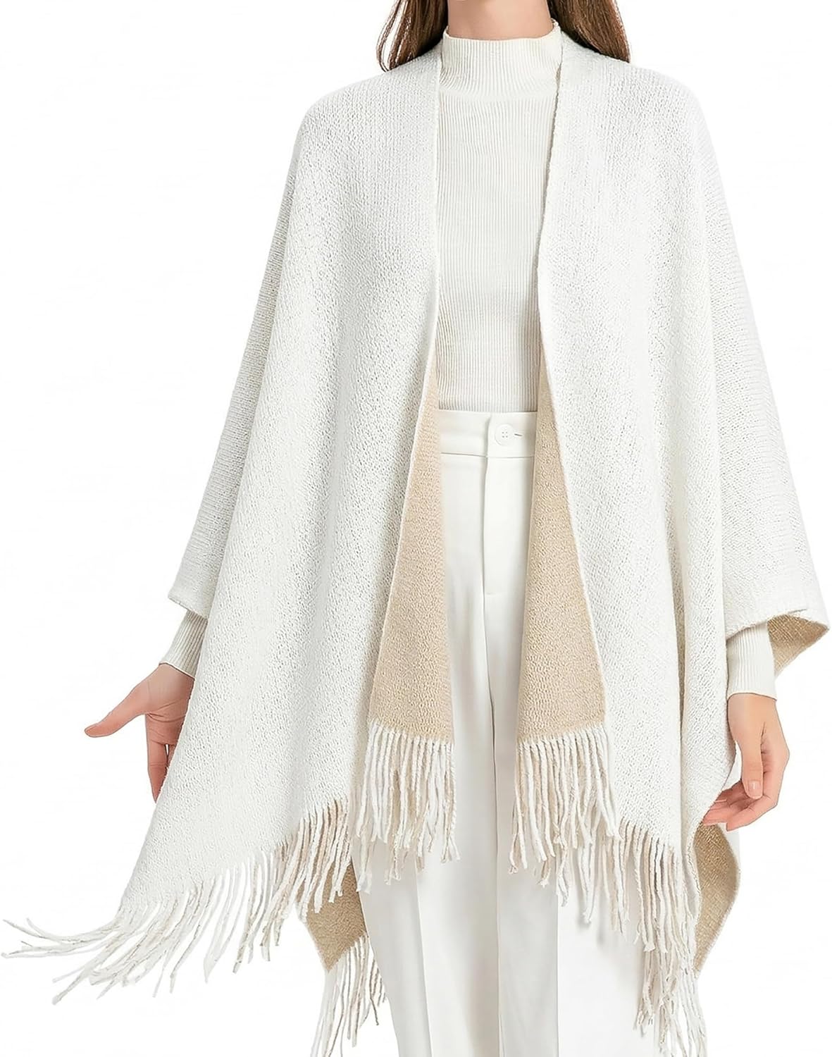 ZLYC Women's Reversible Winter Knitted Cardigan Faux Fringe Capes Shawl Blanket Wrap Sweater