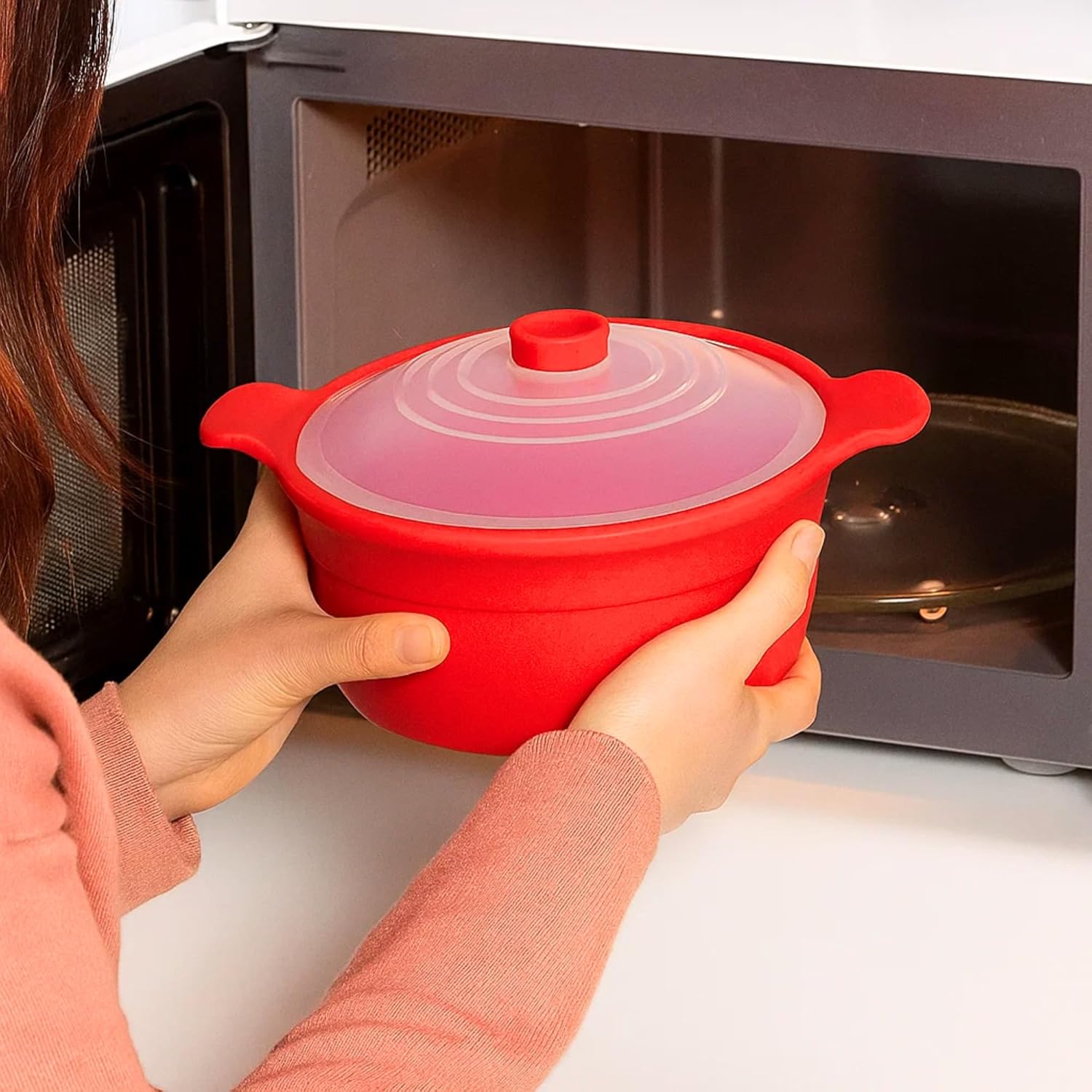 Microwave Silicone Food Steamer Pot with Handle & Lid – 1.2L Nonstick Cooker for Ramen, Reheating Leftovers, Fridge Storage, Microwave-to-Table Use, Dishwasher & Oven Safe, Easy to Clean, Made in Korea