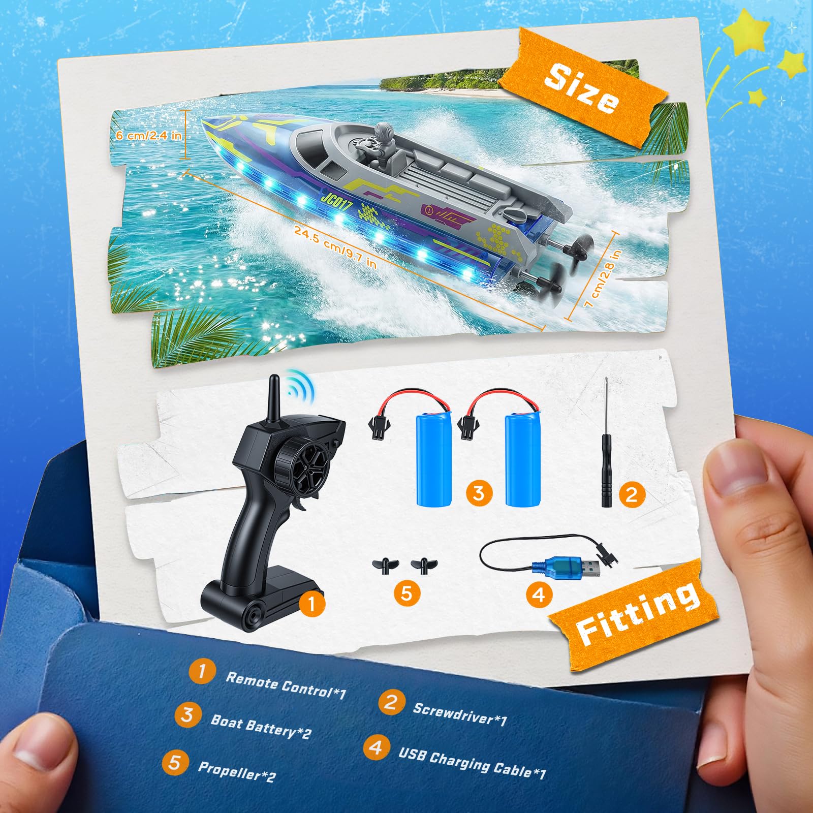 Bateau Télécommandé, 25+ KM/H, 40+ Mins, RC Racing Bateau Telecommandé Enfant avec Lumières LED, 2 Batteries, Mini Bateau RC Haute Vitesse 2,4 GHz Jouet Aquatique pour Lac/Piscine/étang