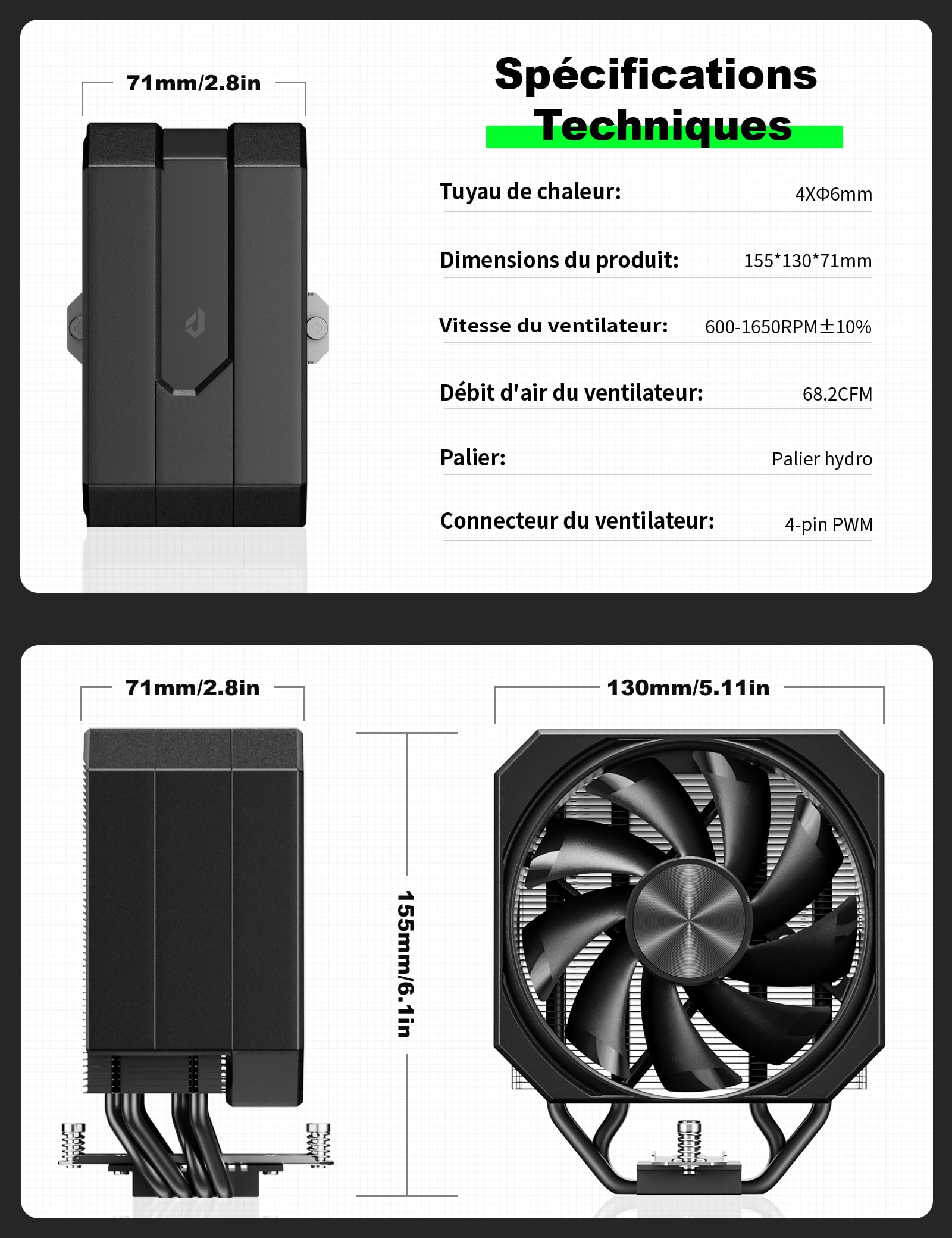 upHere gaming Refroidisseur CPU,4×Ф6mm Single Tower CPU Cooler,120MM PWM Ventilateur PC,Sans Enlever le Ventilateur pour l'installer,CPU Cooler,pour Ventirad AM4 AM5/Intel 2011/2066,up1K4.