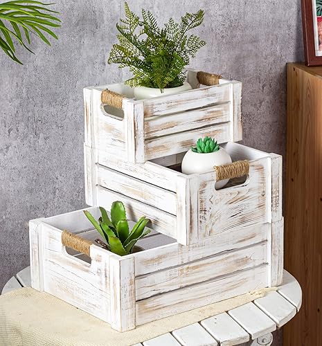 TIMRIS Juego de 3 cajas anidables de madera rústica, cajas de almacenamiento de madera de granja con asas recortadas, cestas de madera decorativas