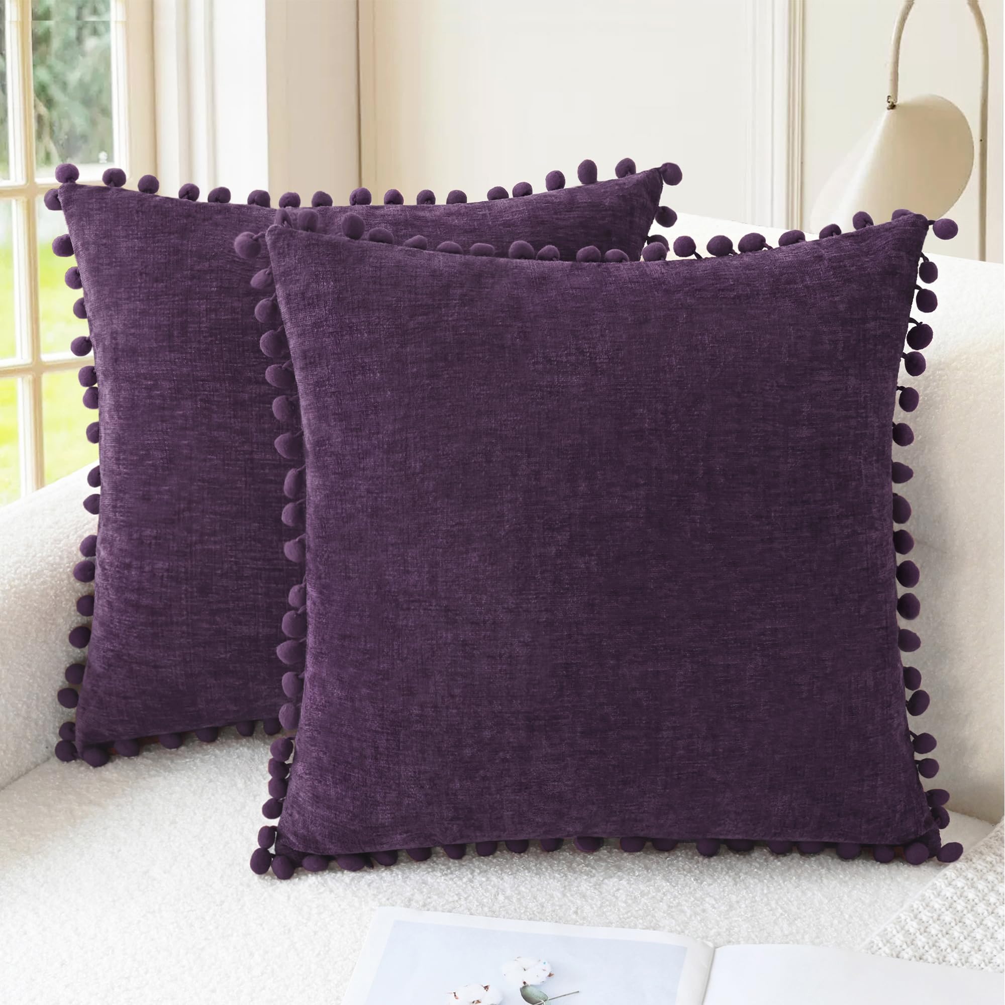 CaliTime Pillow Cases Pack of 2 Cozy Solid Dyed Soft Chenille Cushion Covers with Pom Poms for Couch Sofa Home Decoration 50cm x 50cm Purple โ image 1