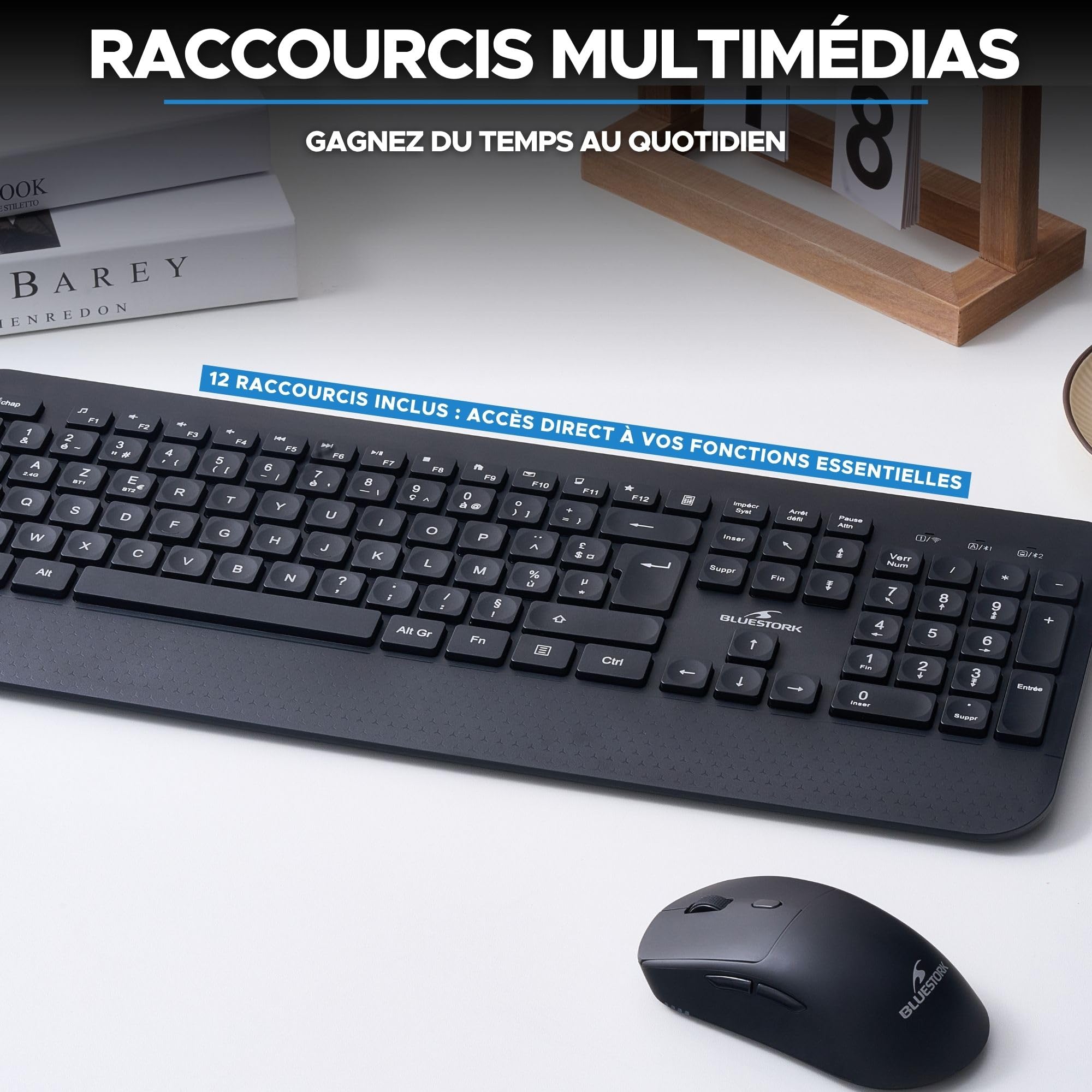Bluestork Pack Office R2 - Clavier & Souris sans Fil Rechargeable | AZERTY FR, Sans Fil Double Connexion Bluetooth & 2.4GHz, Clavier Rechargeable + Souris Légère, 120H Autonomie