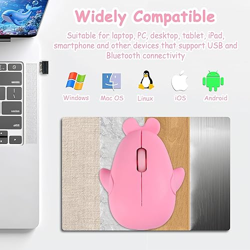 Miniatura 6 de Ratón inalámbrico Bluetooth lindo animal pequeño con forma de delfín ratones de computadora con receptor USB 2.4GHz y Bluetooth modo dual silencioso