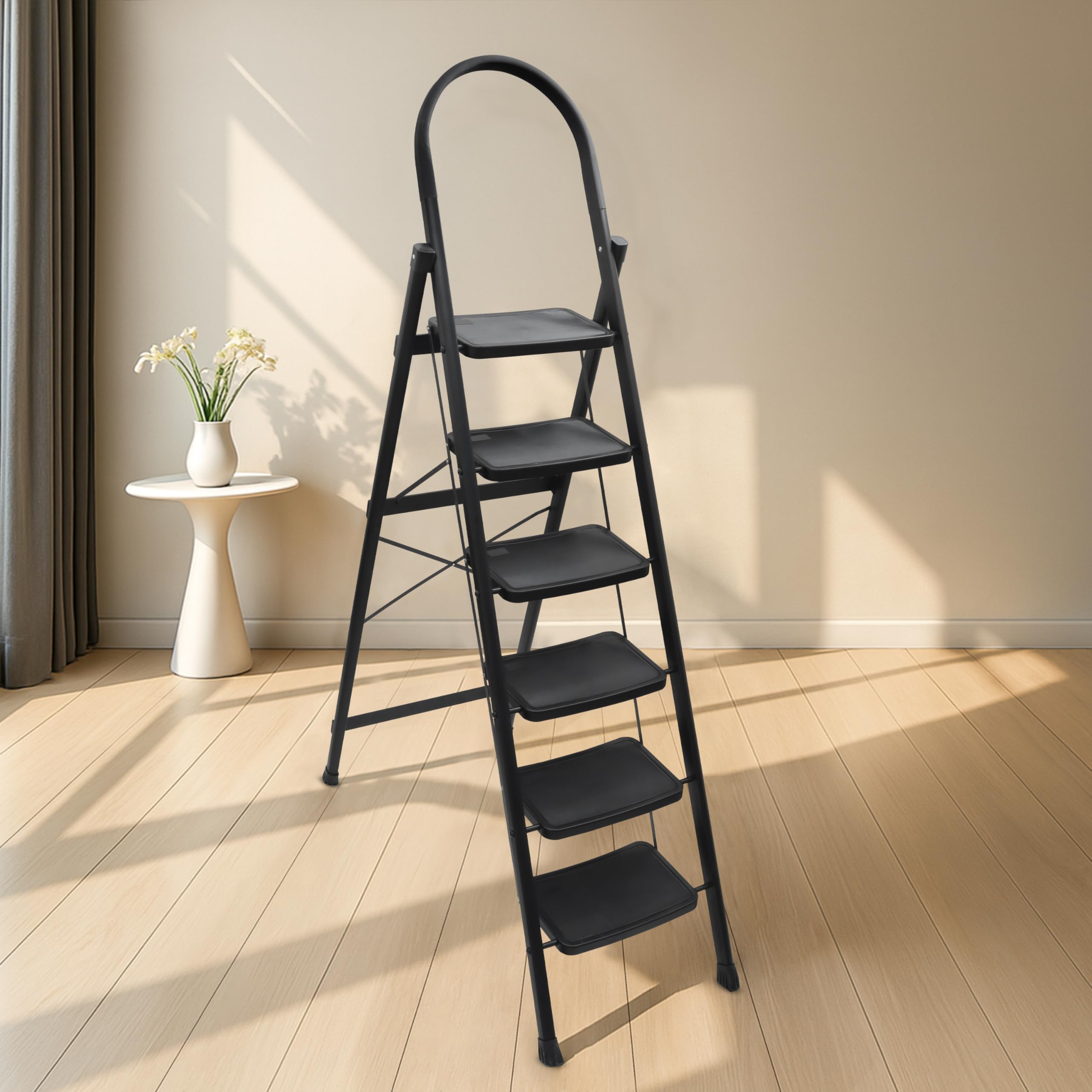 Plantex Hercules Pro 6-Step Foldable Ladder for Home with 150 kg Load Capacity/Heavy-Duty Steel Ladder/Anti-Slip Wide Step/Strong, Stable & Multi-Purpose (Black)