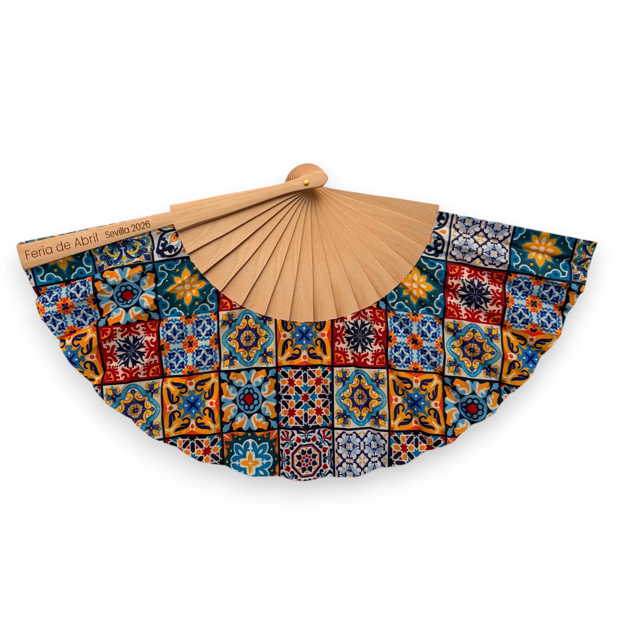 Regalo Grabado Pack de 15 Abanicos Personalizados Madera y Tela Mosaico | Pack de 15 abanicos de madera y tela con estampado mosaico, grabado con texto de 2 líneas o diseño de alianzas.