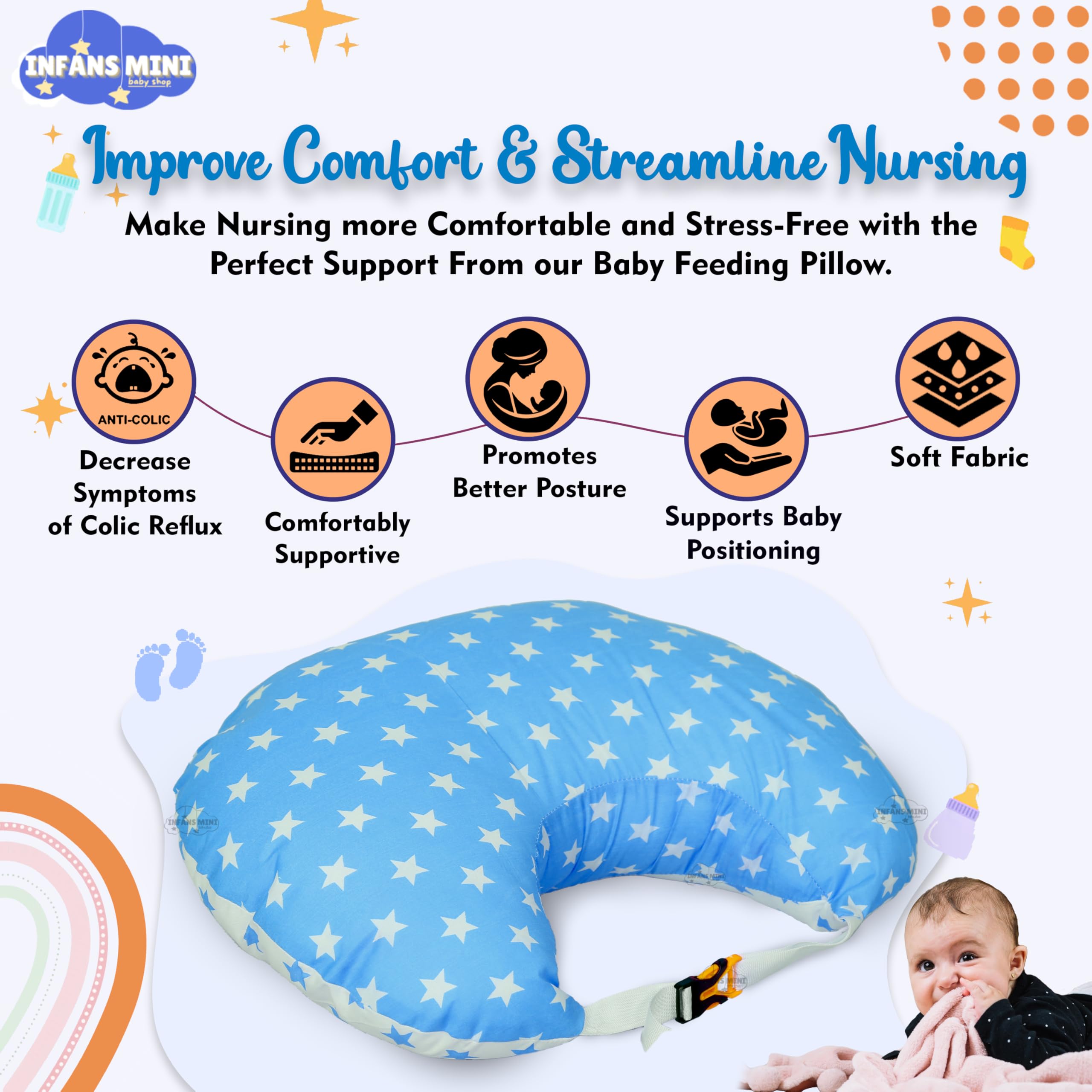Infans Mini Baby Feeding Pillow Cotton|Maternity Feeding Pillow Portable & Adjustable|Nursing Pillow for Mother and New Born Baby (Star Blue) 4