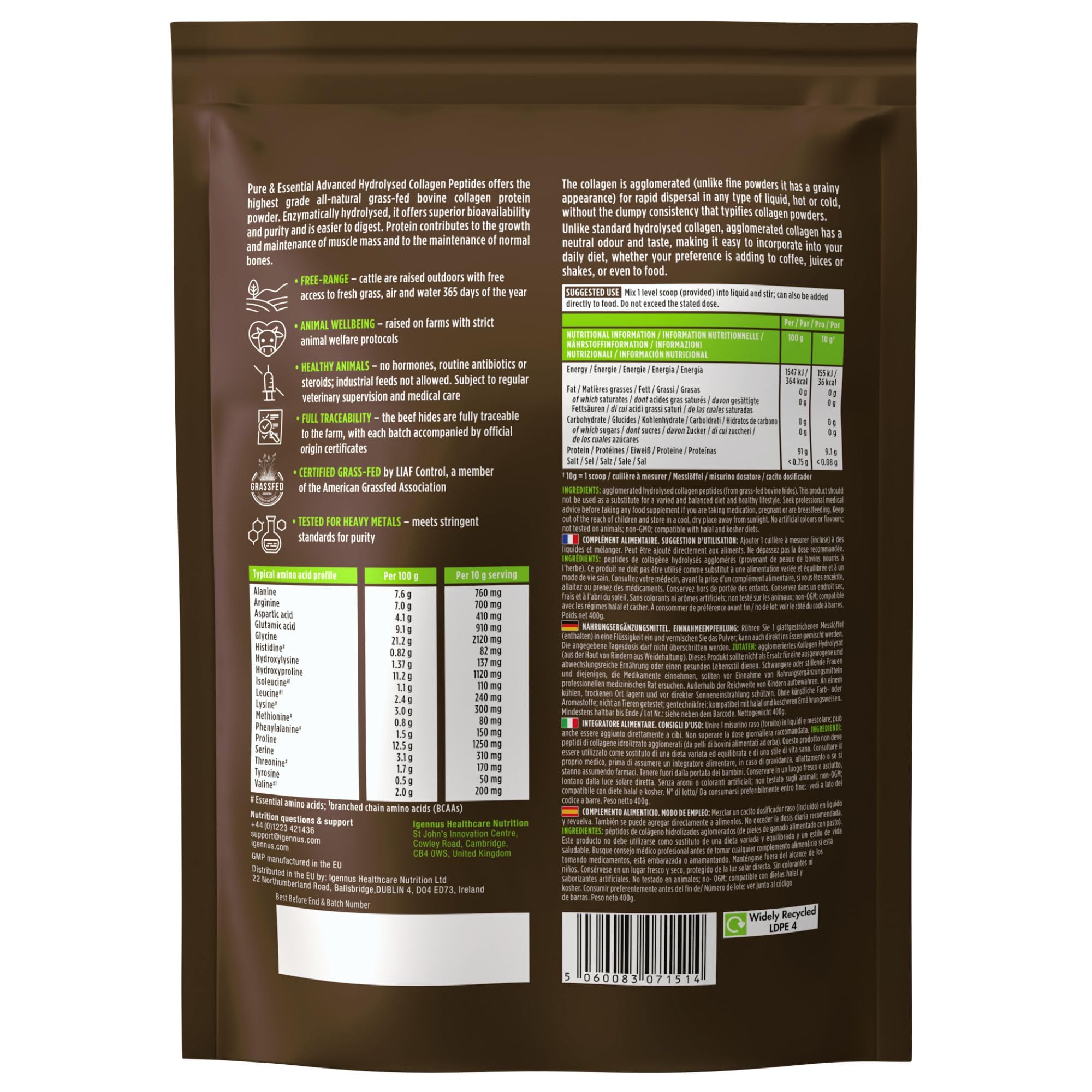 Peptides de Collagène Hydrolysés Avancés, Certifié Nourri 100% à l’Herbe, Poudre de Protéine de Collagène Bovin Aggloméré, Mélange Facile et Goût Neutre, 400 g – par Igennus