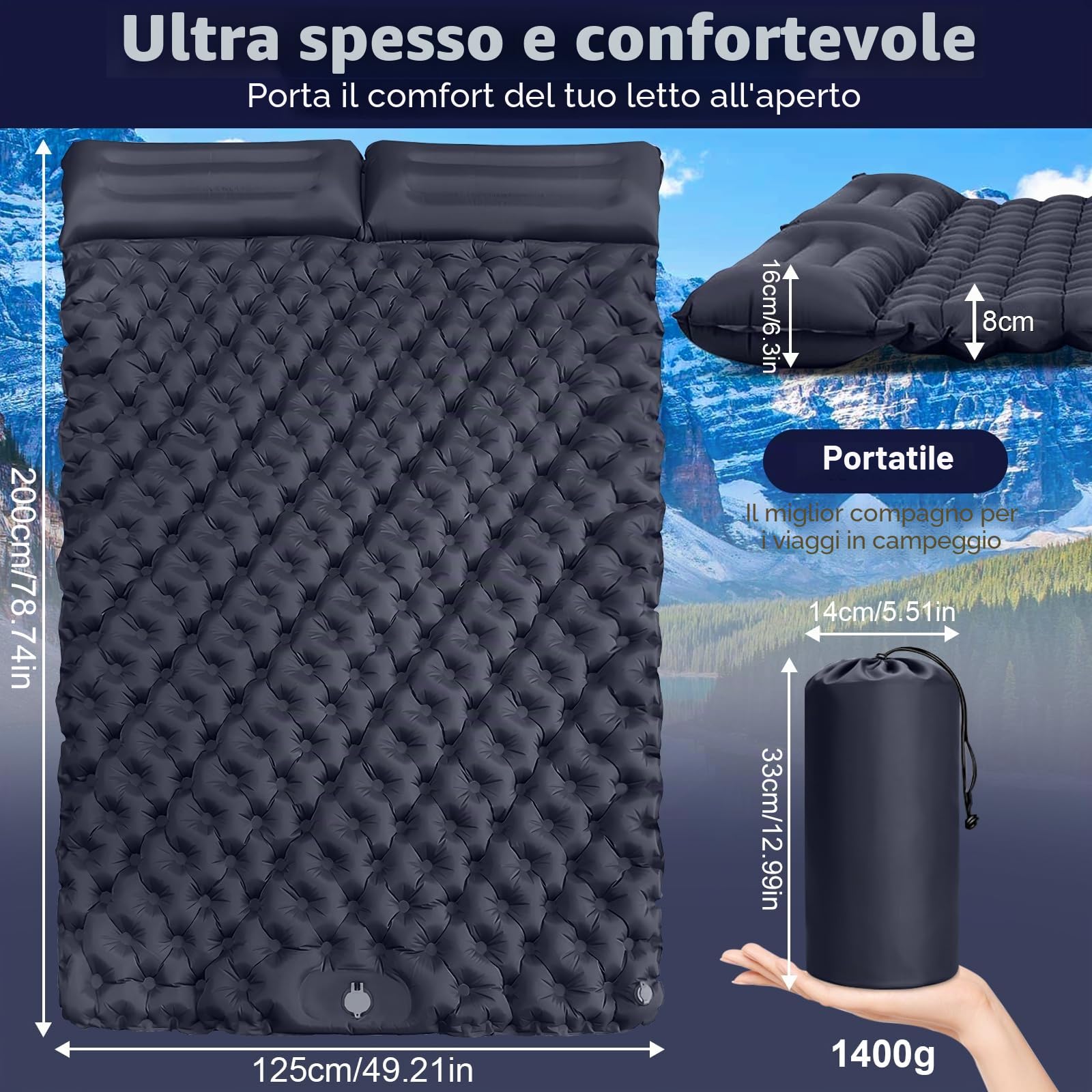 Materassino Campeggio Autogonfiante 2 persone,Ultraleggero Materasso Gonfiabile Campeggio con Cuscino,Portatile Materassino Autogonfiabilecon Pompa a Pedale, per Escursionismo,Trekking,Tenda