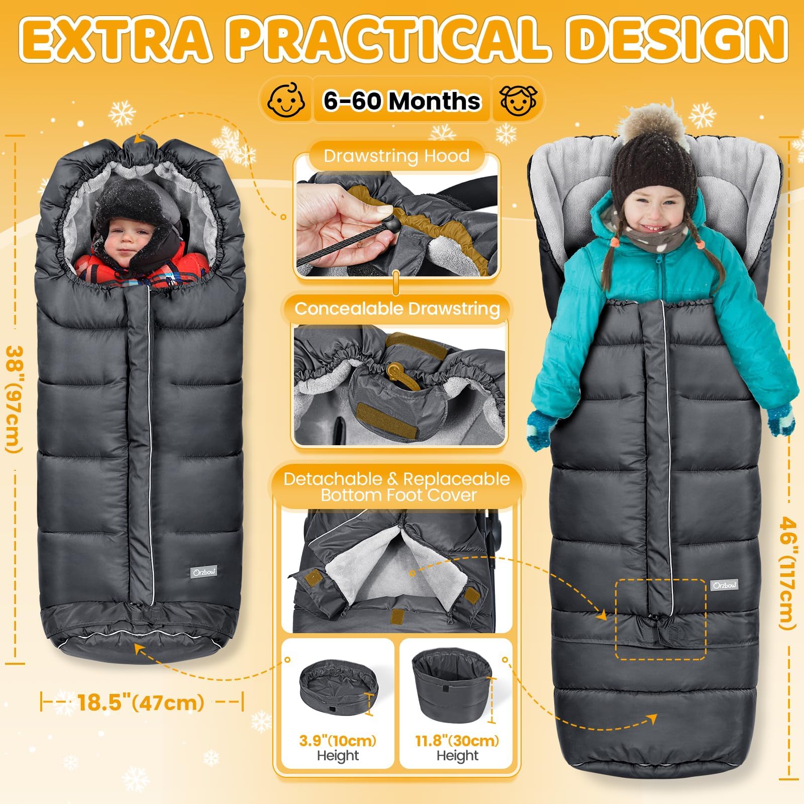 Orzbow Sacco Passeggino Universale Invernale, Lunga Coprigambe Passeggino Universale con Cerniera, Impermeabile, File, Lunghezza Regolabile, Antiscivolo, Facile da Usare, 97/117 * 44cm, Grigio Scuro