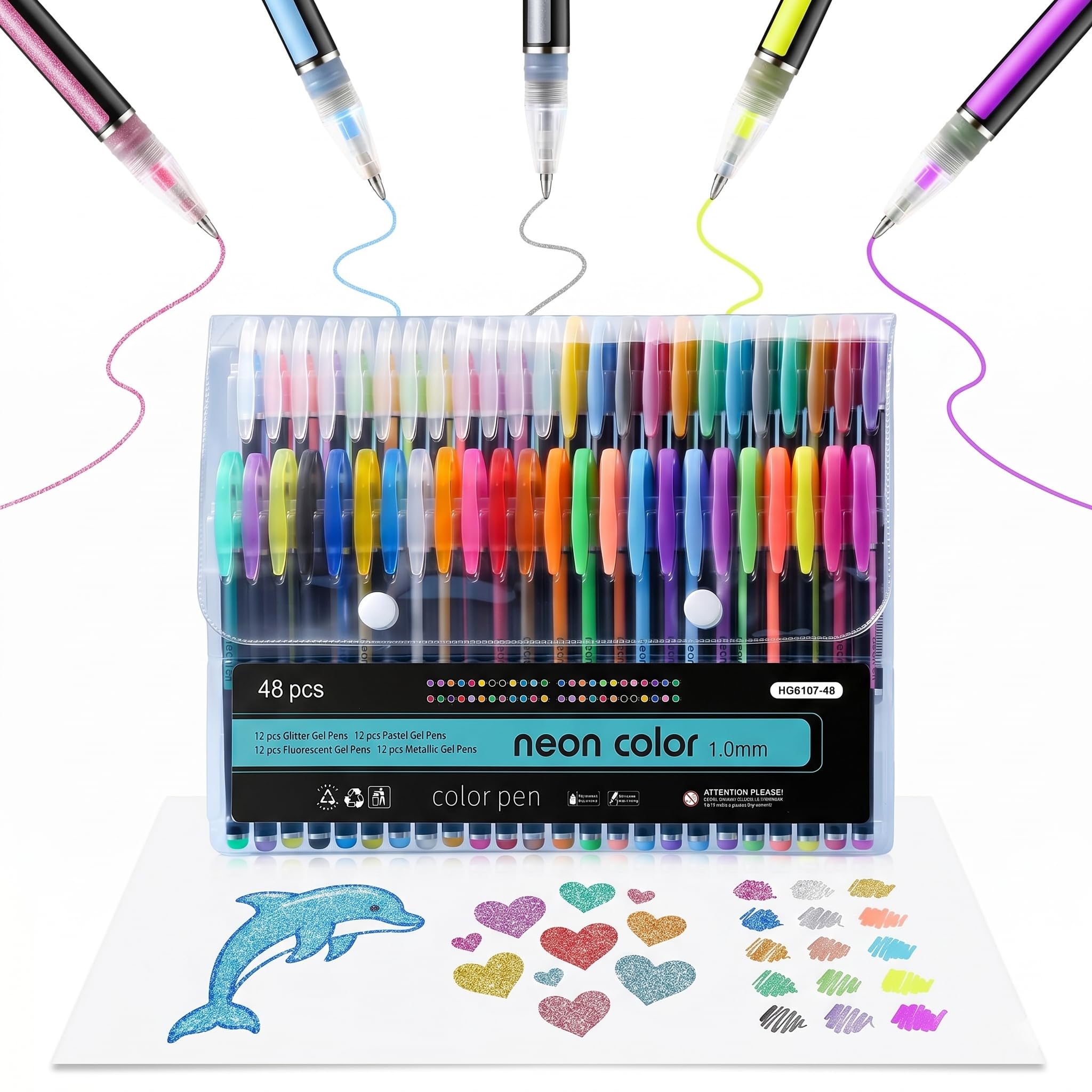 48 Plumas de Gel de Colores, Bolígrafos de Gel con Punta Fina 1.0mm para Colorear y Dibujo Artístico, Set de Plumas con Colores Metálicos, Glitter, Pastel y Neón, Ideal para Papelería Bonita Escolar