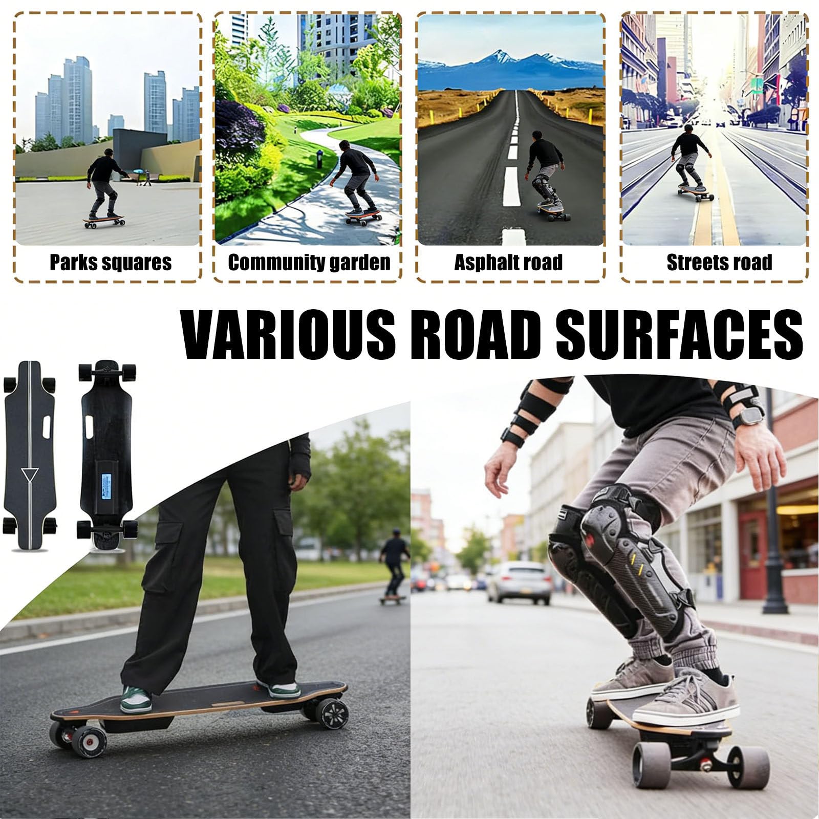 Skateboard électrique avec télécommande, longboard de 350 W pour adultes et débutants, portée de 15 km, vitesse maximale de 25 km/h, design léger, roues tout-terrain en polyuréthane