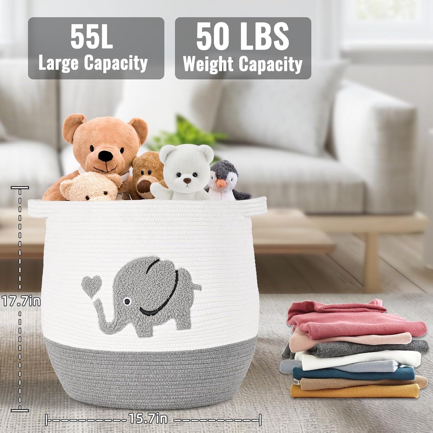 Large Baby Laundry Hamper, Gray Elephant Laundry Basket for Baby, Toy and Blanket Storage Basket for Nursery and Playroom, Cotton Rope Hamper for Kids, 17.7"x15.7"