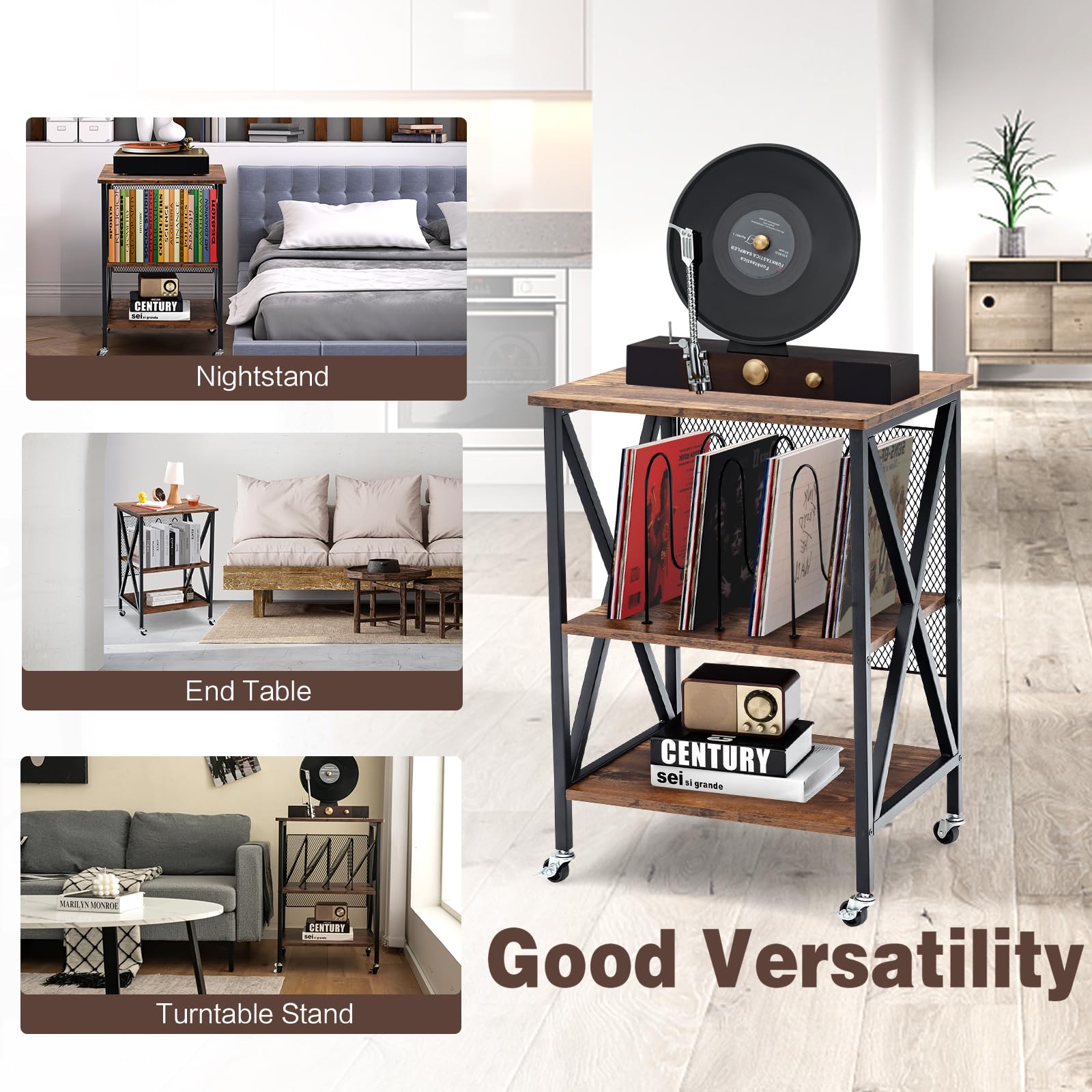 KOMFOTTEU Mueble para Tocadiscos con 4 Ruedas, Mesa para Tocadiscos de 3 Niveles con 3 Divisores, Soporte para Discos de Vinilo para 120 Álbumes, para Oficina, Salón (Marrón, sin Estación de Carga)