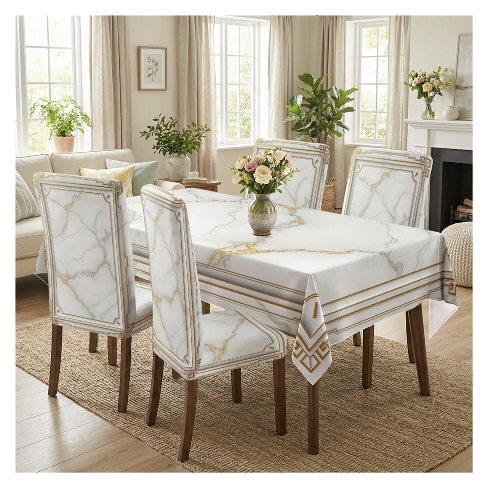 BOSUYBN Stretch Dining Chair Slipcover & Tablecloth Set, White Gold Marble Print, 5/7 Pack, Dining Kitchen Luxury Modern Home Decor Table Setting(5pcs Set: Tablecloth+Chair Covers)