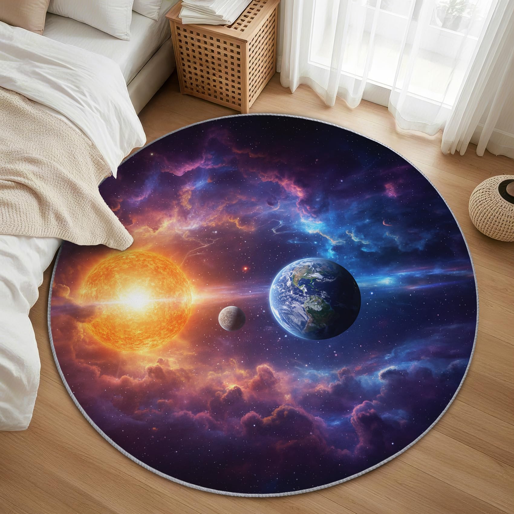 Sternenhimmel Teppich Rund 120cm Kurzflor - Waschbare Teppiche Wohnzimmer Kinder Planeten Galaxie Kosmos - Runder Teppich 120 Durchmesser Kinderzimmer - Schlafzimmer rutschfest Weich