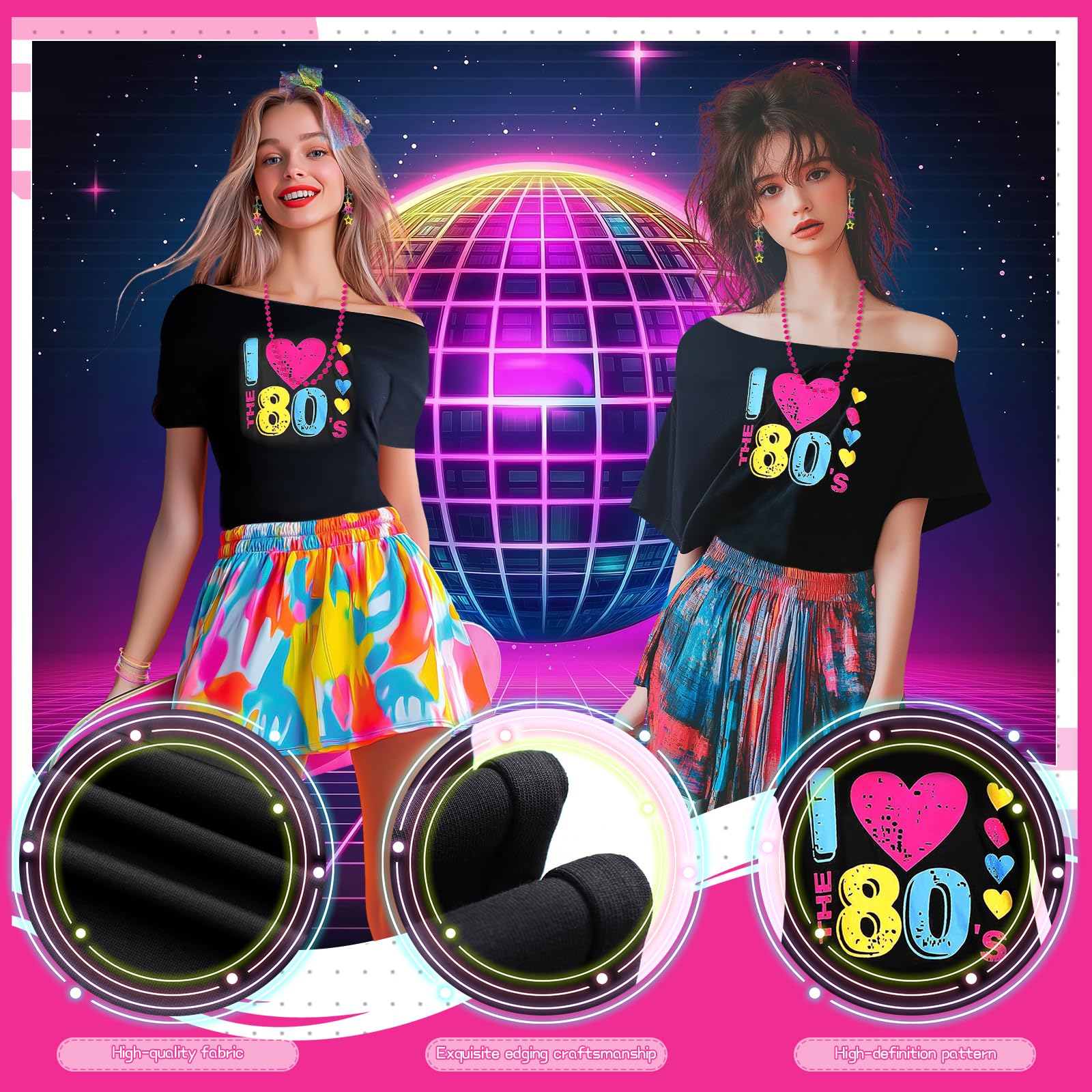 6PCS 80s Costume Accessories Set for Women, 1980s Fancy Dress with T-shirt  Headband Lightning Earrings Necklace Bracelet Mesh Sleeve 80s Outfit for Retro  Theme Party Cosplay Dress Up (Rainbow, L)  BigaMart