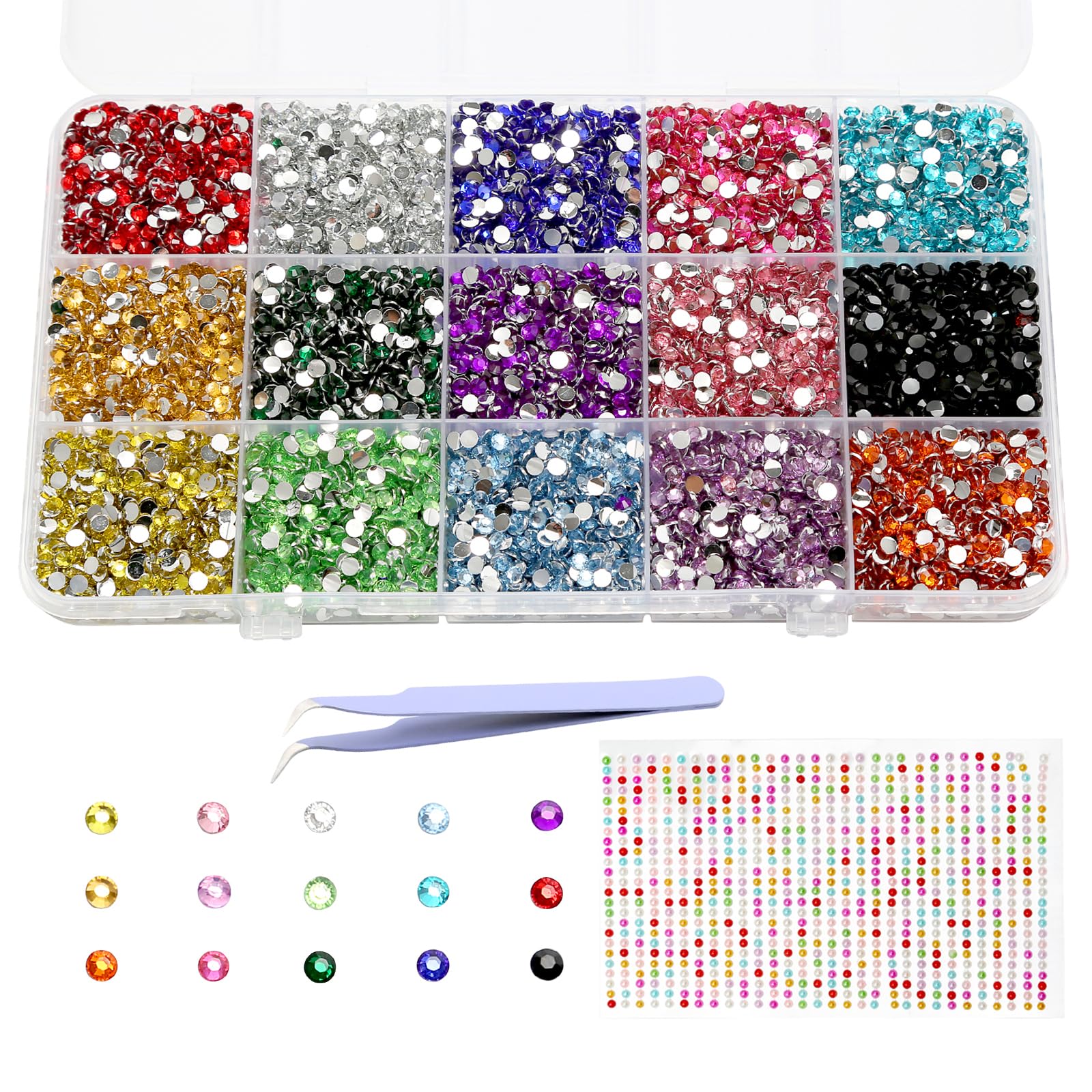 15000 Pieces Resin Rhinestones Kits, 15 Colors 3mm Flat Back Round Embellishment Gems with 1 Tweezers, Bedazzling Non Hotfix Crystal Gems for DIY Crafts Nails Face Clothes Shoes Decoration