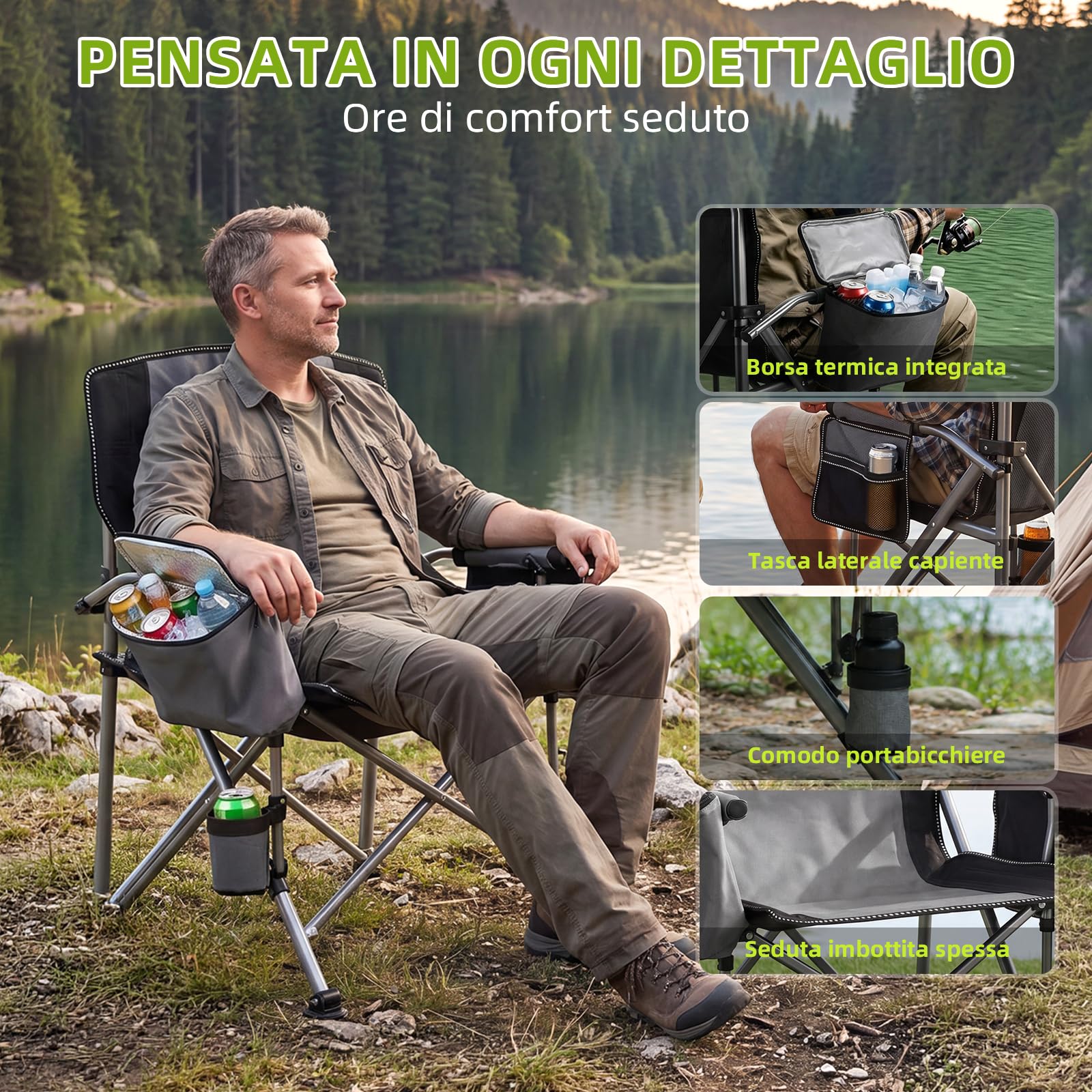 Sedia da campeggio pieghevole, 200 kg, XXL, con schienale alto, comoda sedia da campeggio con portabicchieri, borsa per ghiaccio, leggera, per campeggio, escursionismo, spiaggia, Set di 1