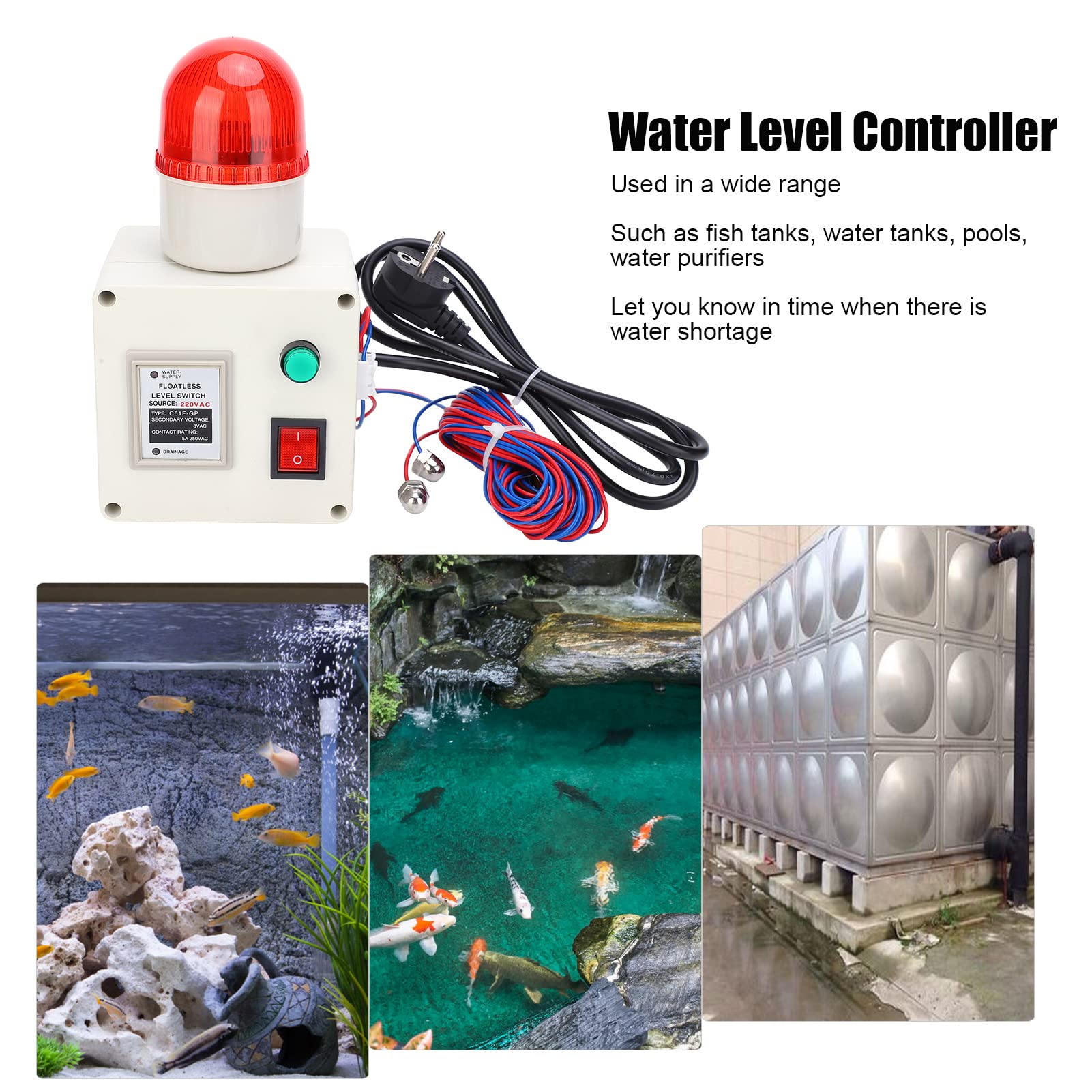 Contrôleur de Niveau d'eau en Acier Inoxydable avec Silencieux, Alarme, Détecteur de 90 DB avec Silencieux pour Réservoirs de Poisson, Piscines, Purificateurs d'eau