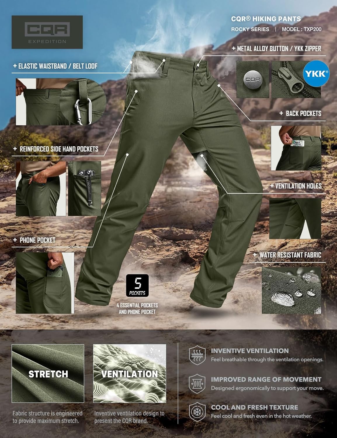 CQR Men's Quick Dry Tactical Pants, Water Resistant Outdoor Pants, Lightweight Stretch Cargo Work Hiking Pants