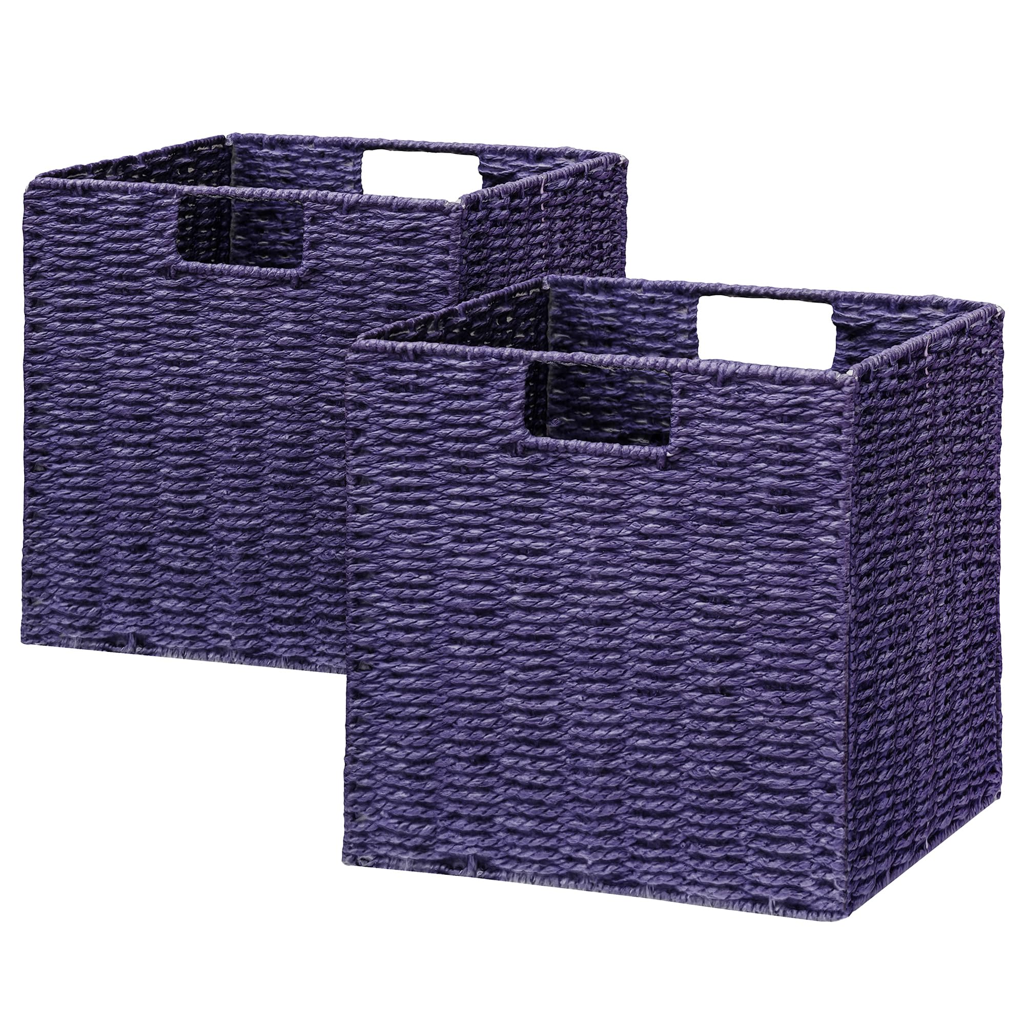 Vagusicc Wicker Storage Basket, Set of 2 Handwoven Wicker Basket, Foldable Storage Baskets Organizer Cube Bins with Handles for Shelves Bathroom Organization & Decoration, 33 x 33 x 33 cm, Purple