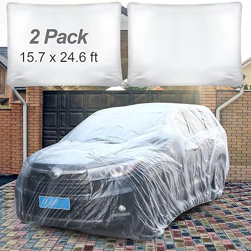Miniatura 10 de BBTO Juego de 10 fundas de plástico para automóvil de 15.7 x 24.6 pies, funda universal desechable transparente con banda elástica, impermeable, a