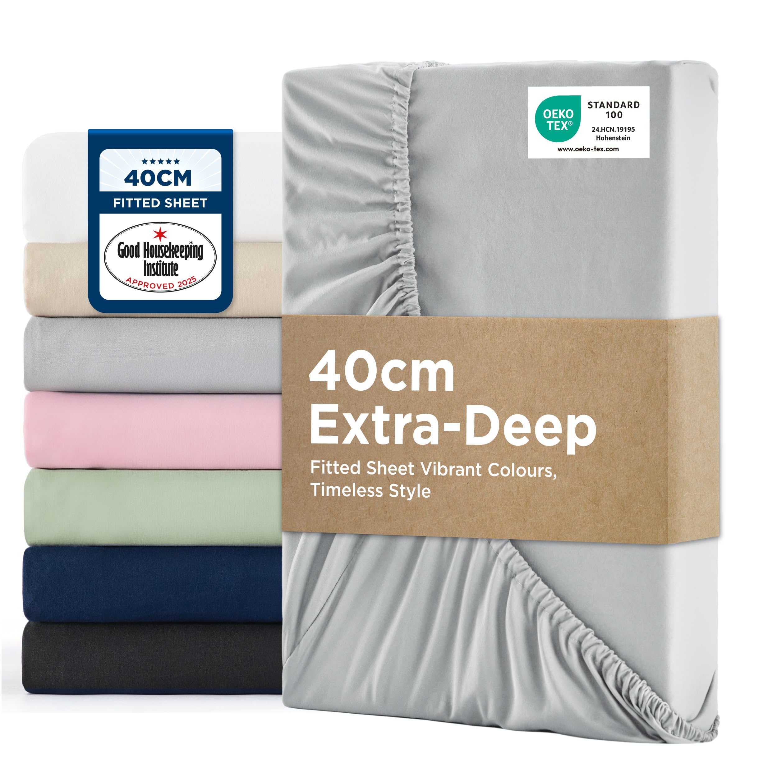 Bedsure Double Fitted Sheet Deep - Bed Sheets Extra Deep Pocket 16 inch (40 cm) made of Soft Brushed Microfiber for Double Bed, Grey, 135x190cm