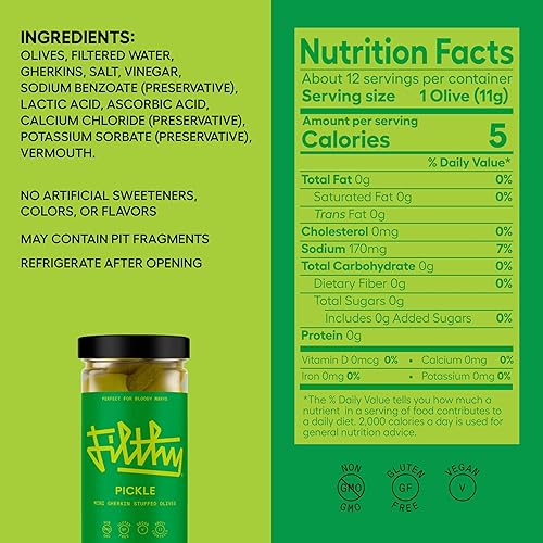 Miniatura 5 de Guarnición de cóctel sucio, aceitunas rellenas de pepinillo, tarro de 8.5 onzas, 12 aceitunas