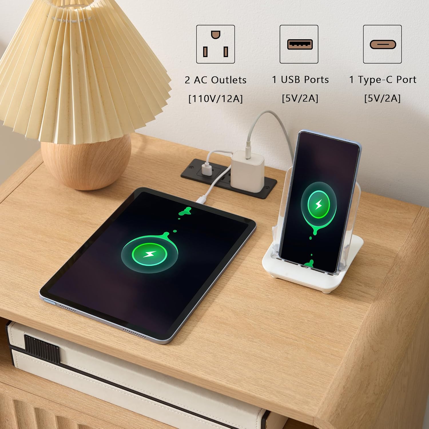 Nightstand with USB Charging Station - 24" Fluted Modern Bedside Table with 2 Drawers and Open Storage for Bedroom Storage & Organization
