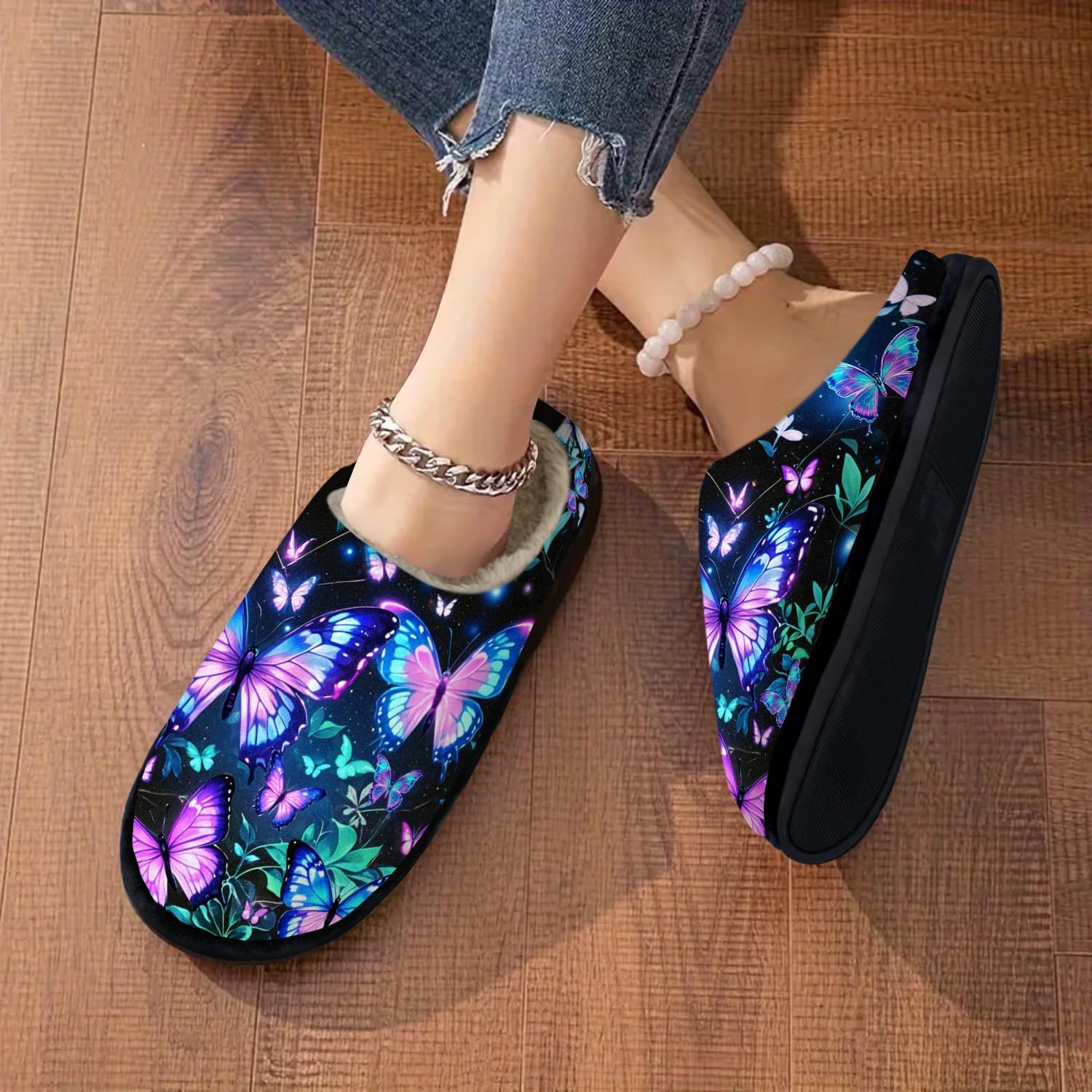 Butterfly Slippers for Women, Faux Fur Lining House Shoes, All-Season Memory Foam Slippers with Non-Slip Rubber Sole, Machine Washable Cozy Winter Footwear