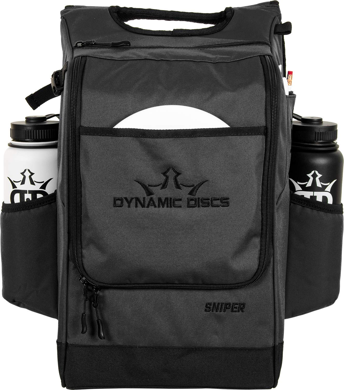 Dynamic Discs Sniper Disc Golf Backpack | 16 Disc Main Storage Compartment | Deep Top Zippered Pocket to Hold Additional Disc Golf Accessories | Two Water Bottle Holders