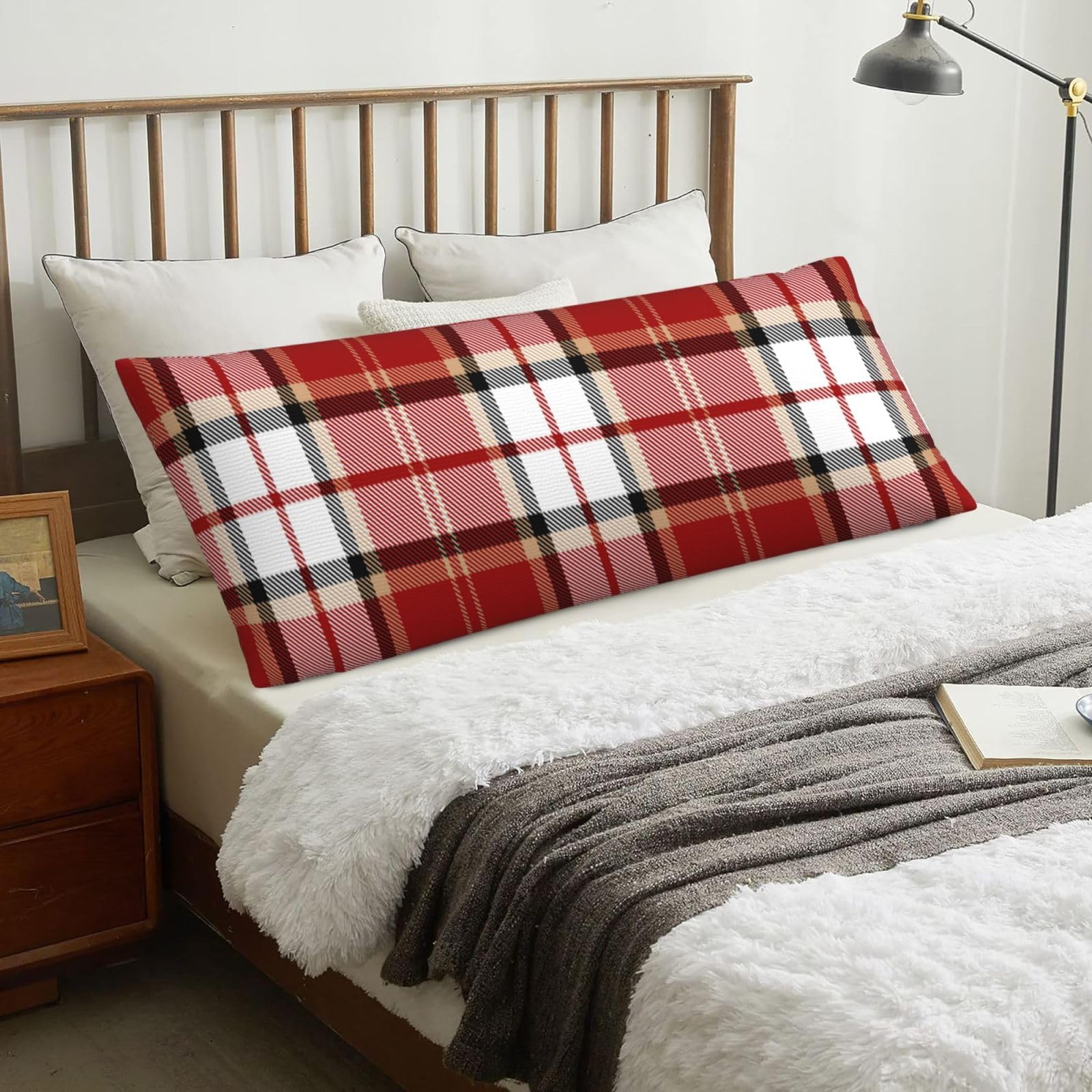 Red Black White Tartan Plaid Scottish Checkered, Body Pillow Cover with Zipper,Long Body Pillowcase 20 x 60 in