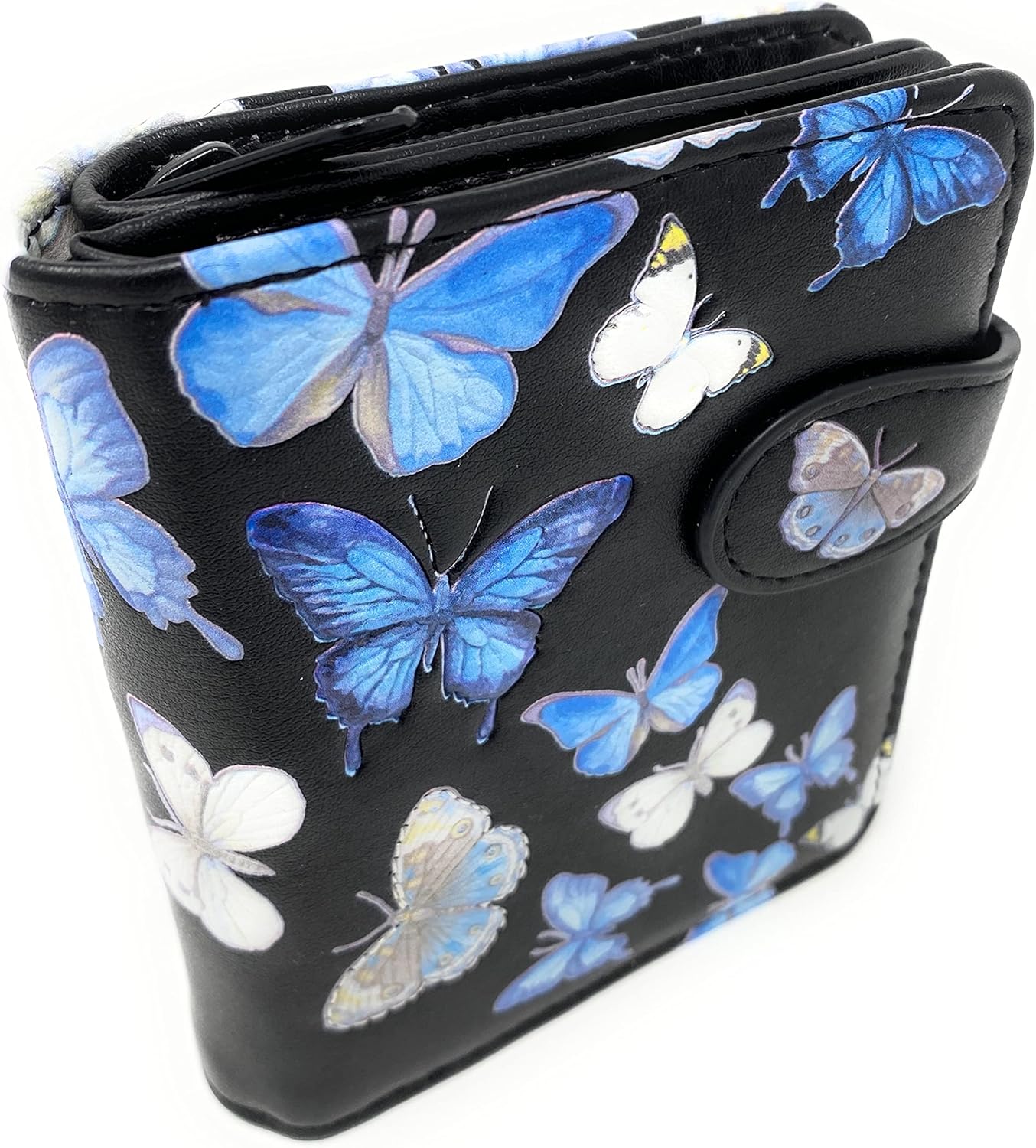 Shag Wear Butterflies Small Wallet for Women – Vegan Faux Leather Compact Purse with Butterfly Design, Nature Theme, Magnetic Snap Closure, Card and Coin Organizer Black 4.5"