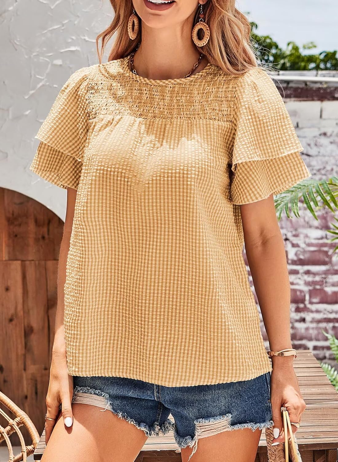 Womens Tops Dressy Casual Cute Babydoll Ruffle Sleeve Blouses Summer Gingham Flowy Peplum Peasant Shirts - Image 5