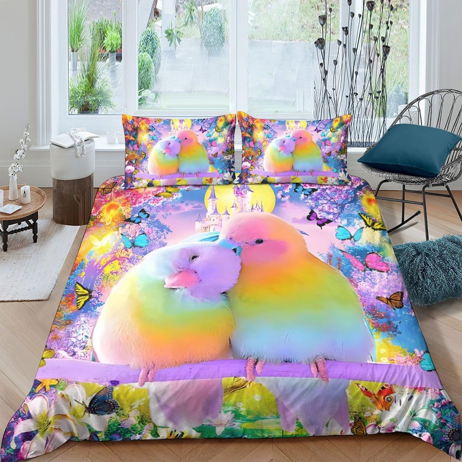 Ctjqhvkz Style-10 3D Printed Rainbow Lovebirds Fitted Sheet Microfiber Soft Bedroom Decor Colorful Bird Mattress Cover Single（135X200cm）