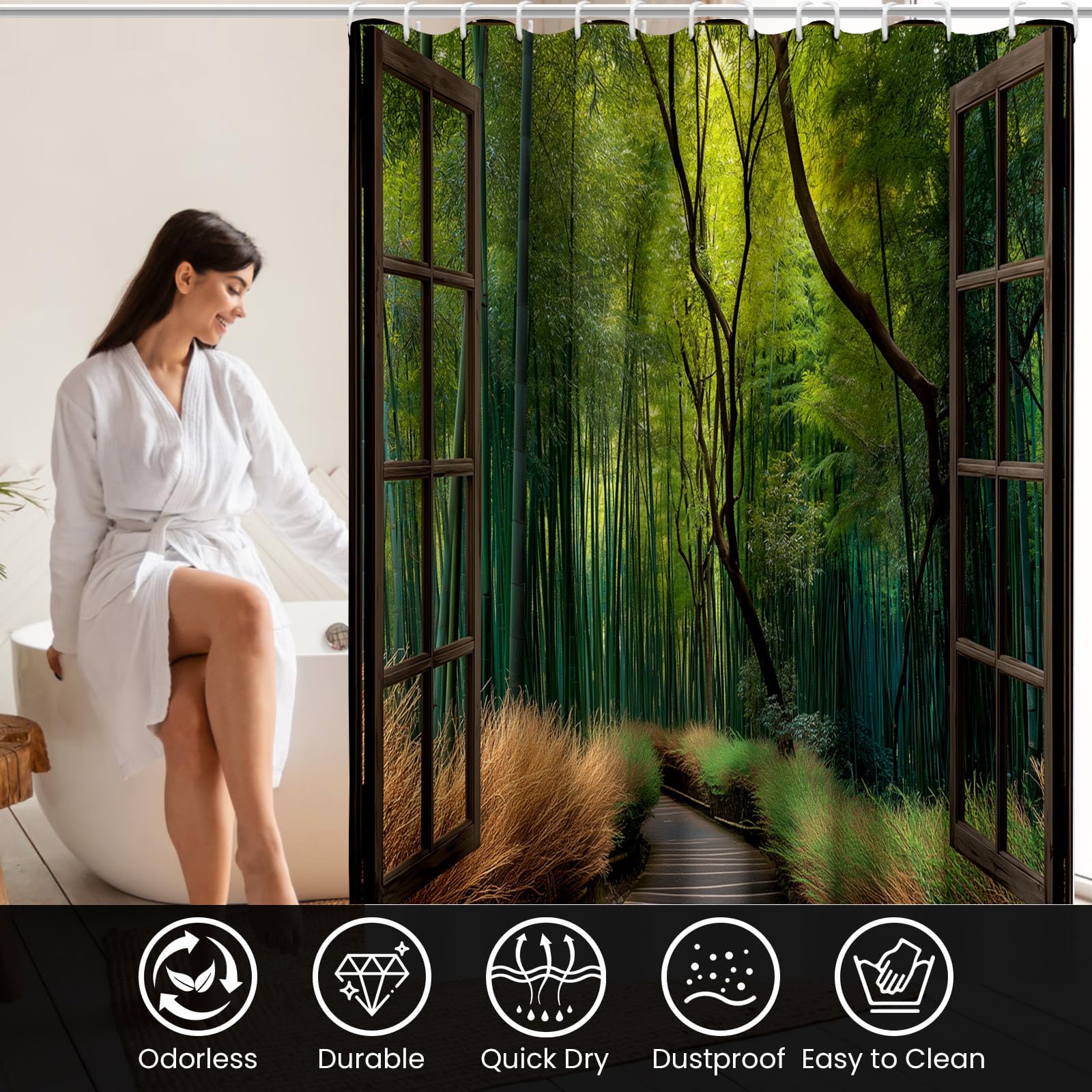 Cortina De Ducha 240x200cm, Poliéster Cortina Bañera Ventanas Madera Bosque Bambú Camino, Lavable Cortinas De Baño con 12 Ganchos, Bosque Denso Impermeable Secado Rápido, Ducha Y Bañera