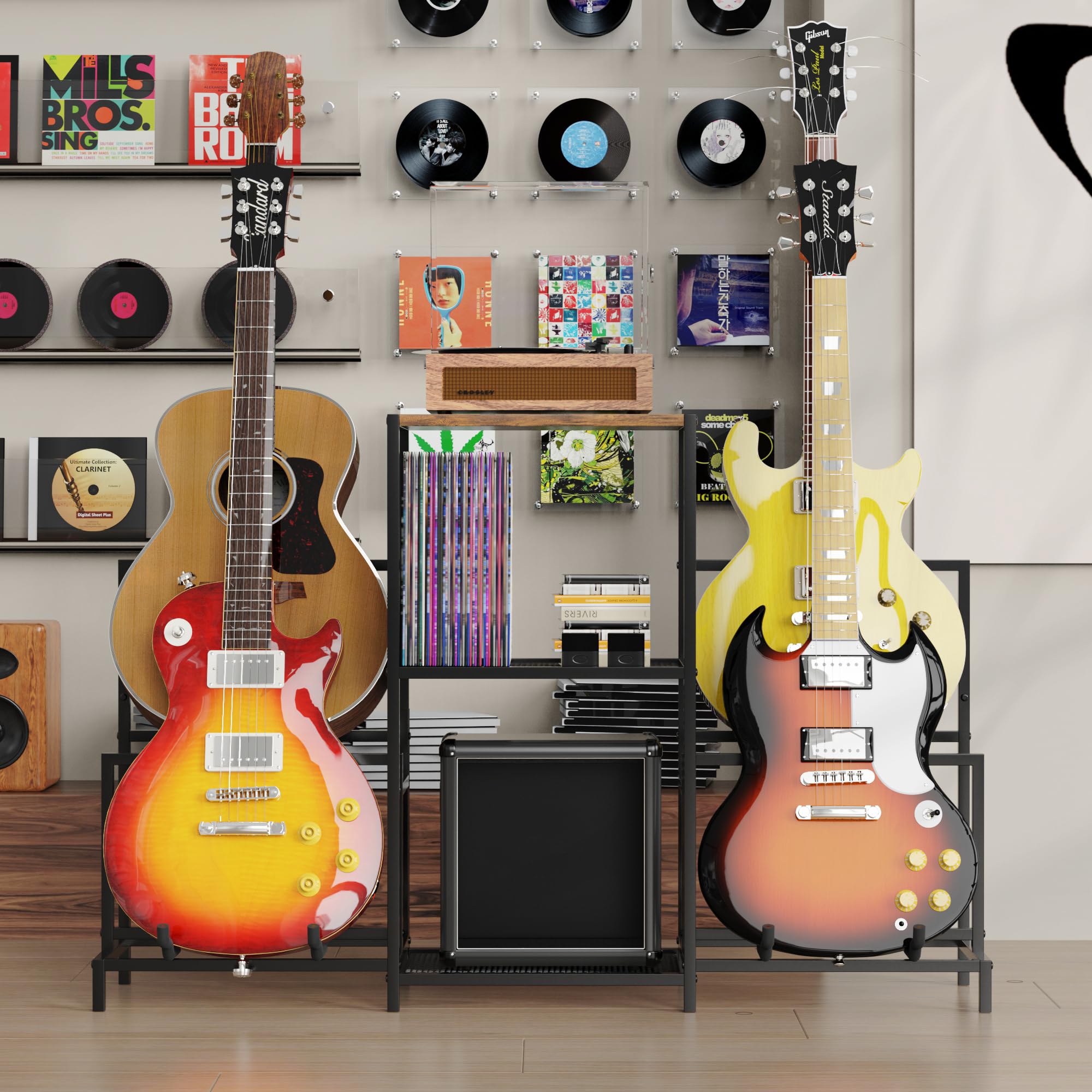 VGMiu Gitarrenständer für mehrere Gitarren mit 3 Etagen | Schwarzer Gitarrenständer für Akustik-, E-Gitarre, Bass, Plattenspieler, Gitarrenständer für Heimmusikstudio