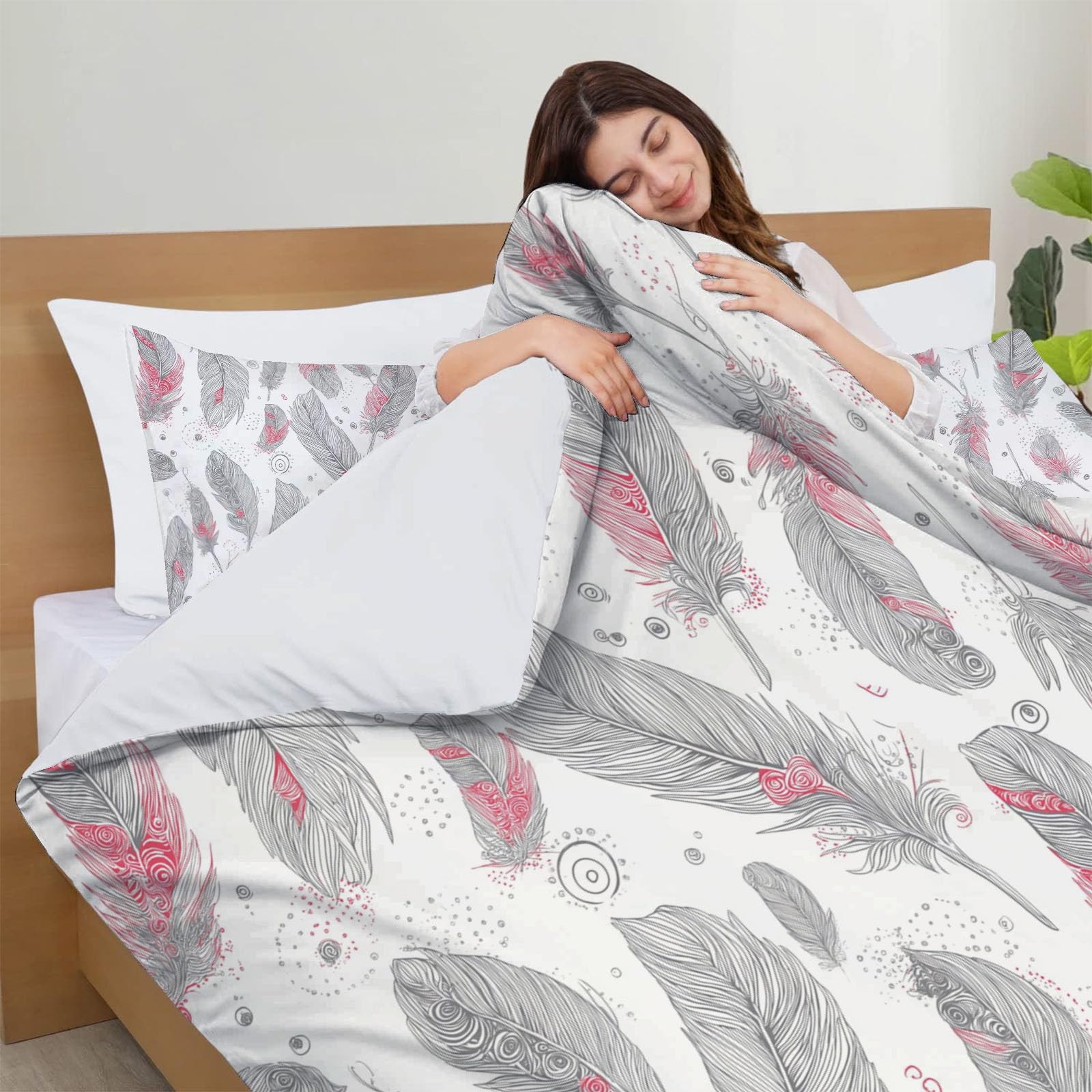 Funda Nordica Cama 105/135 Infantil Microfibra, 3 Piezas Juvenil Plumas Dibujadas A Mano Bohemio Juego de Funda Nordica200x200cm Suave Transpirable y 2 x Fundas de Almohada de 50x75 cm,Gris Rojo