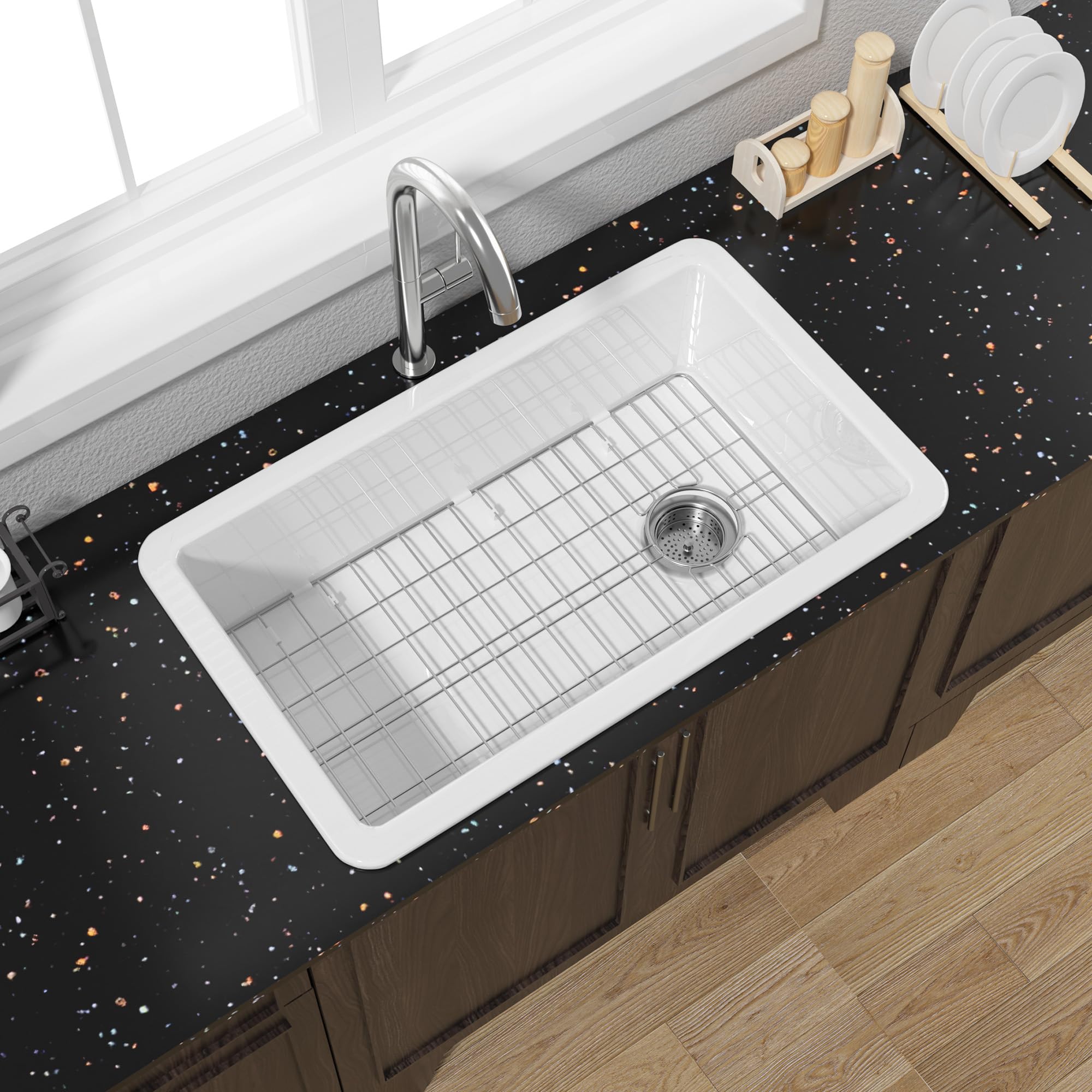 Topmount Fireclay Kitchen Sink Drop In White 31.5 x 19 Inch Offset Drain - Dual Mount Heavy Duty Undermunt Bar Sink Single Bowl for Kitchen, White, NO Faucet Hole