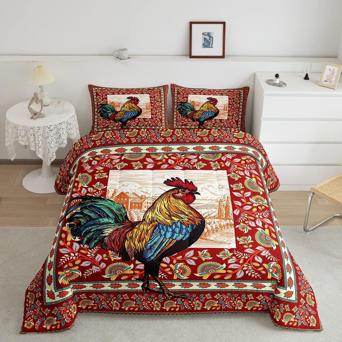 Castle Fairy Ukiyoe Ocean Queen Comforter Set,Japanese Style Cherry Blossom Down Alternative Comforter Adults Bedroom Decor,Blue Mountain with Sunrise Ultra Soft Microfiber Inner Fill 3Pcs Bedding