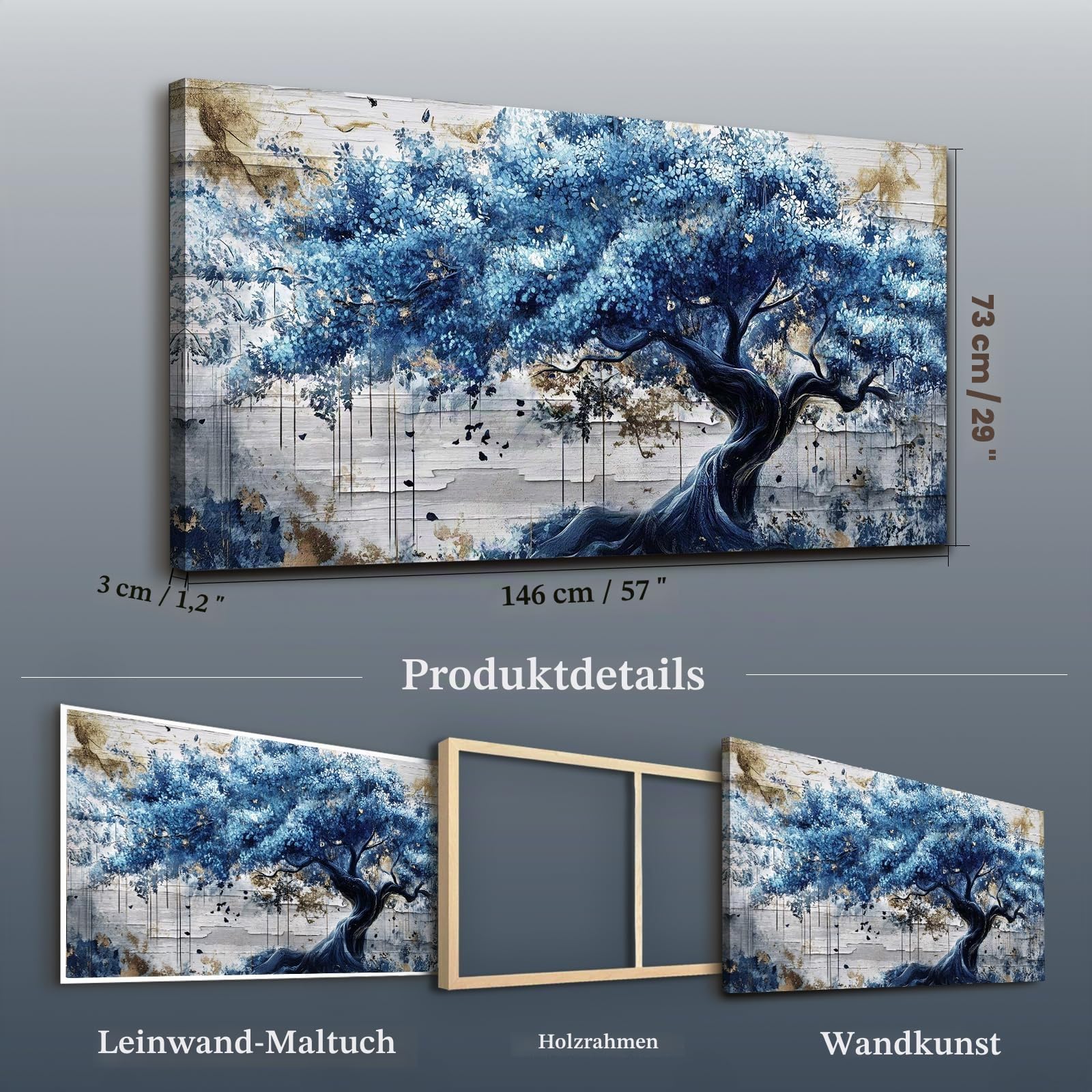 JHHUAMO Gold Baum des Lebens Leinwand Bilder Schlafzimmer 73x146 cm | Moderne Lebensbaum Bild, Hochwertige Verarbeitung, Hochauflösender Druck, Einfaches Aufhängen, Vielseitig Einsetzbar