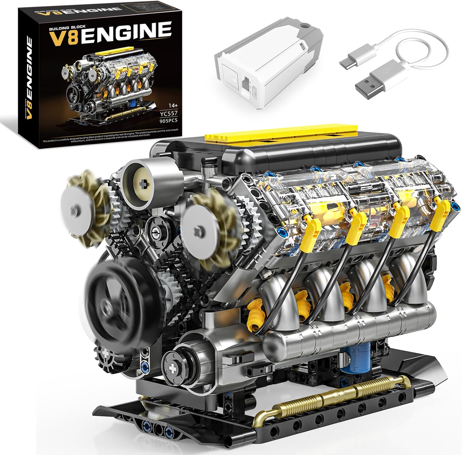 V8 Engine Model Kit That Runs, Visible Mini Car Motor Building Blocks Set for Adults, Compatible with Lego, STEM Physical Science Educational Toy for Teens Boys 14+ (905 PCS)