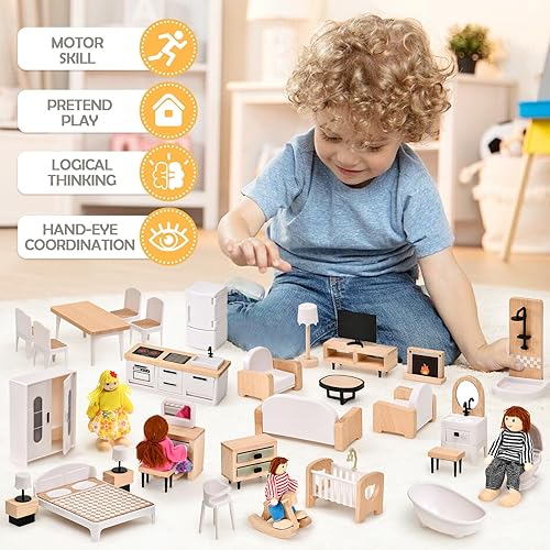 Miniatura 12 de Toyssa Juego de muebles de casa de muñecas de madera, 36 piezas de accesorios en miniatura para casa de muñecas con coloridas 5 habitaciones y 4