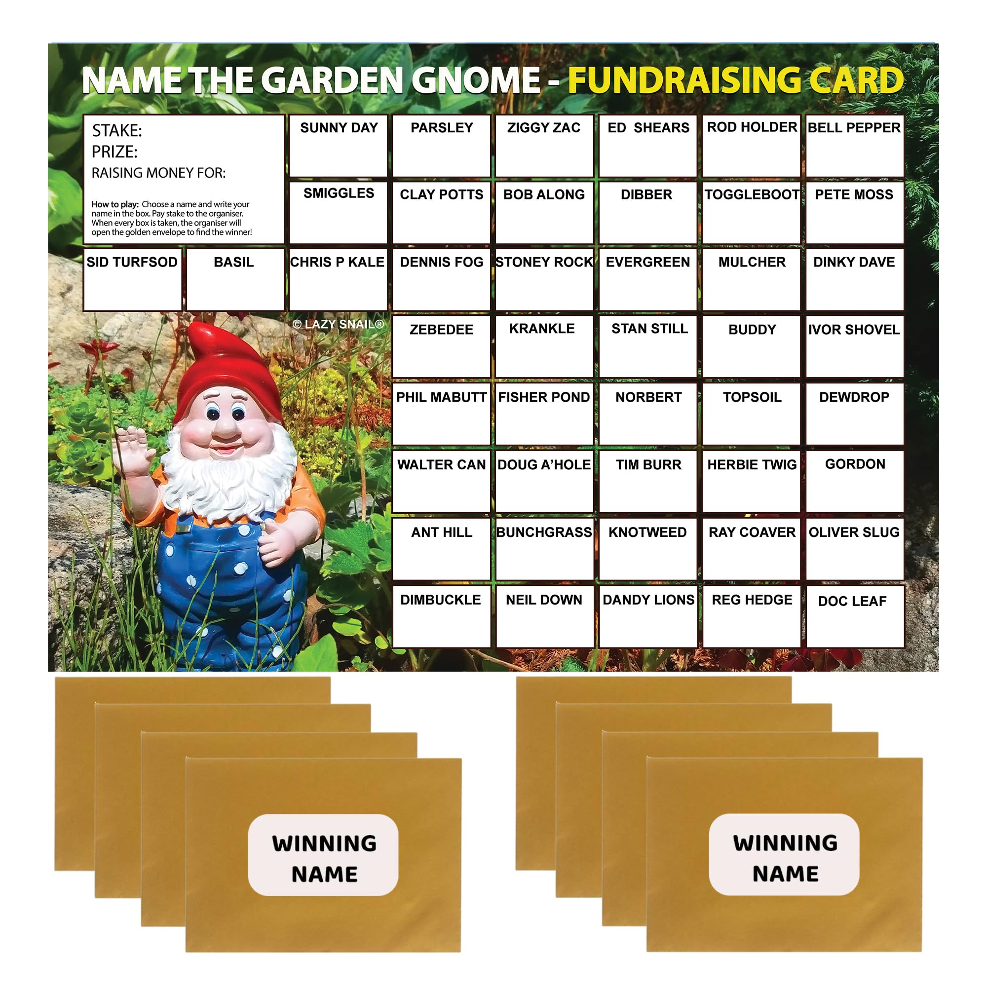 Lazy Snail ‘Name the Garden Gnome’ Fundraising Cards Pack of 8 (A4 Size - Image 2